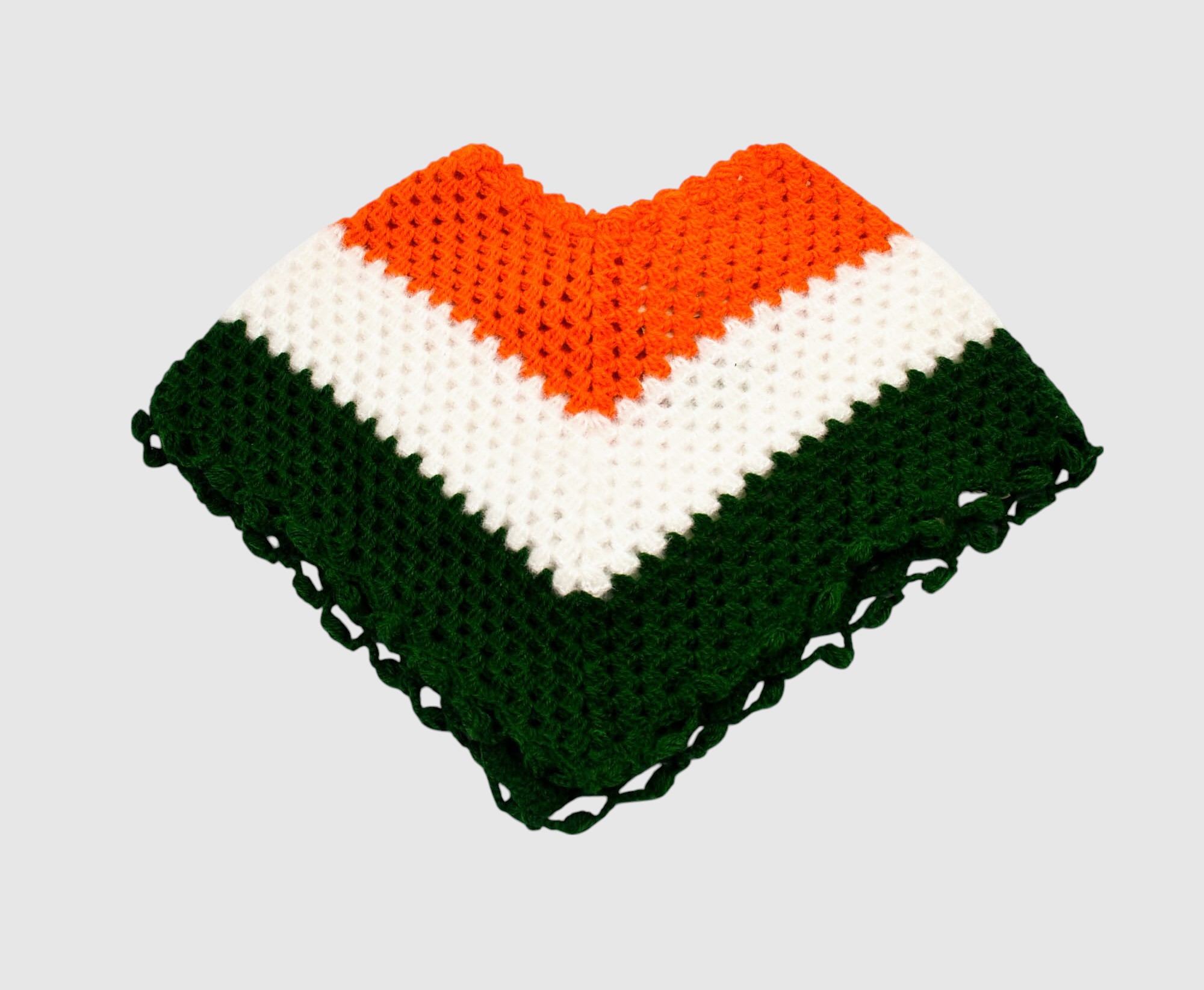 Handknitted Woolen Poncho and Cap Set for Kids, Tricolor Design (1-3 Years)