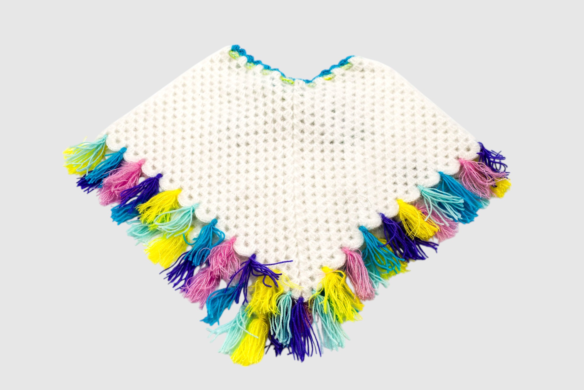 Handknitted Kids Woolen Poncho and Cap Set, White with Multicolor Tassels (1-3 Years)