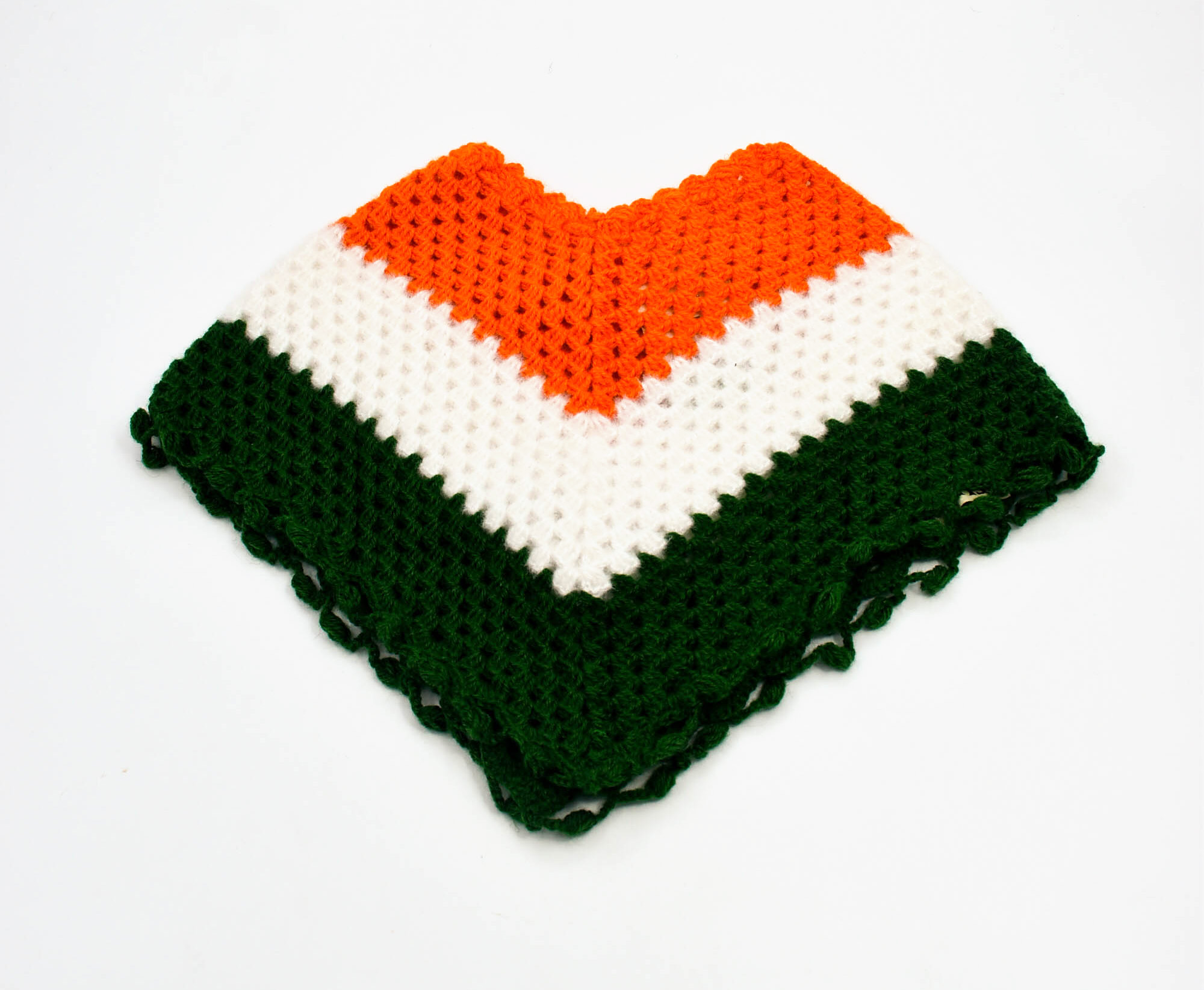 Handknitted Woolen Poncho and Cap Set for Kids, Tricolor Design (1-3 Years) Handknitted Woolen Poncho and Cap Set for Kids, Tricolor Design (1-3 Years)