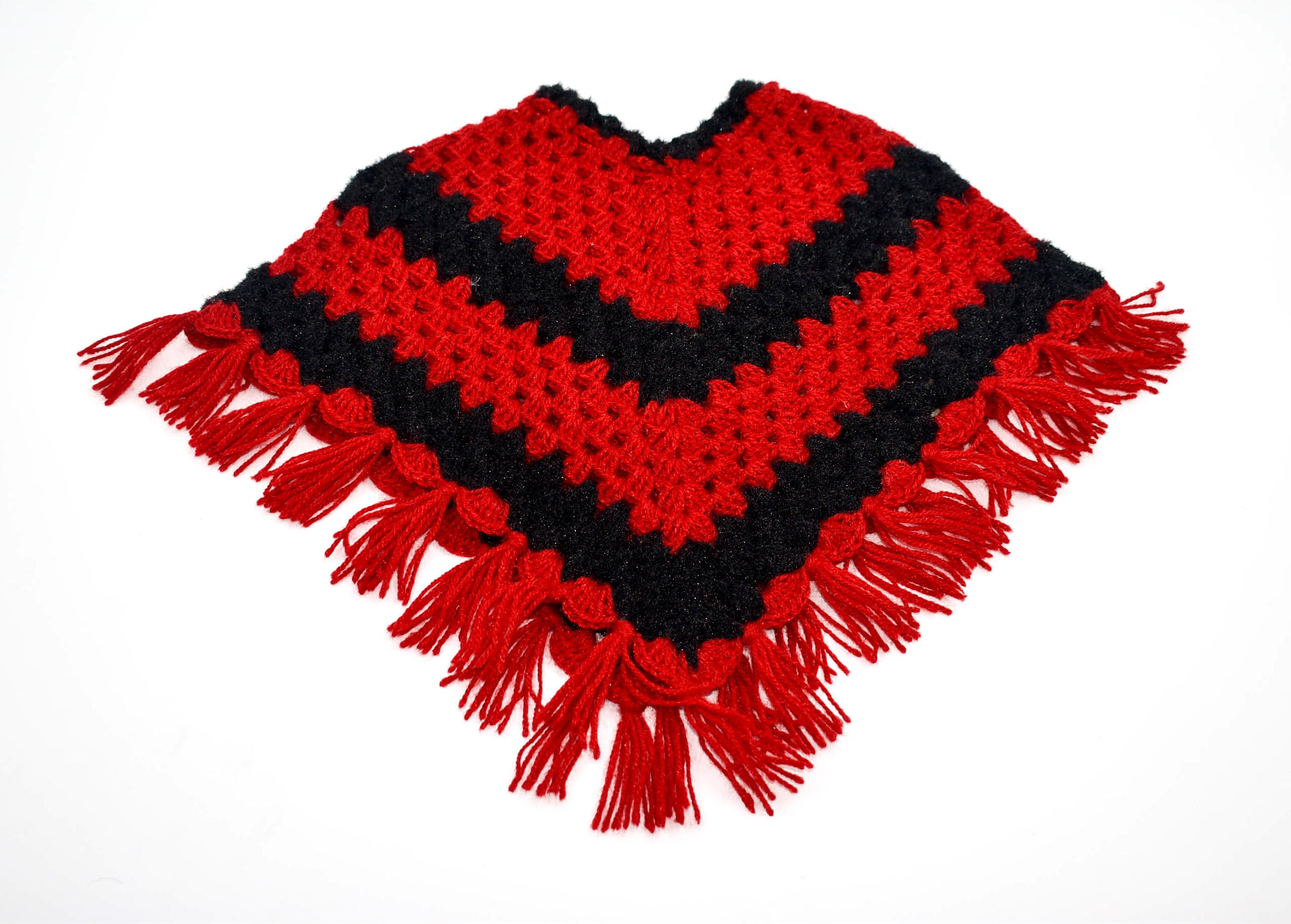 Handknitted Woolen Poncho and Cap Set for Kids, Red and Black (1-3 Years) Handknitted Woolen Poncho and Cap Set for Kids, Red and Black (1-3 Years)