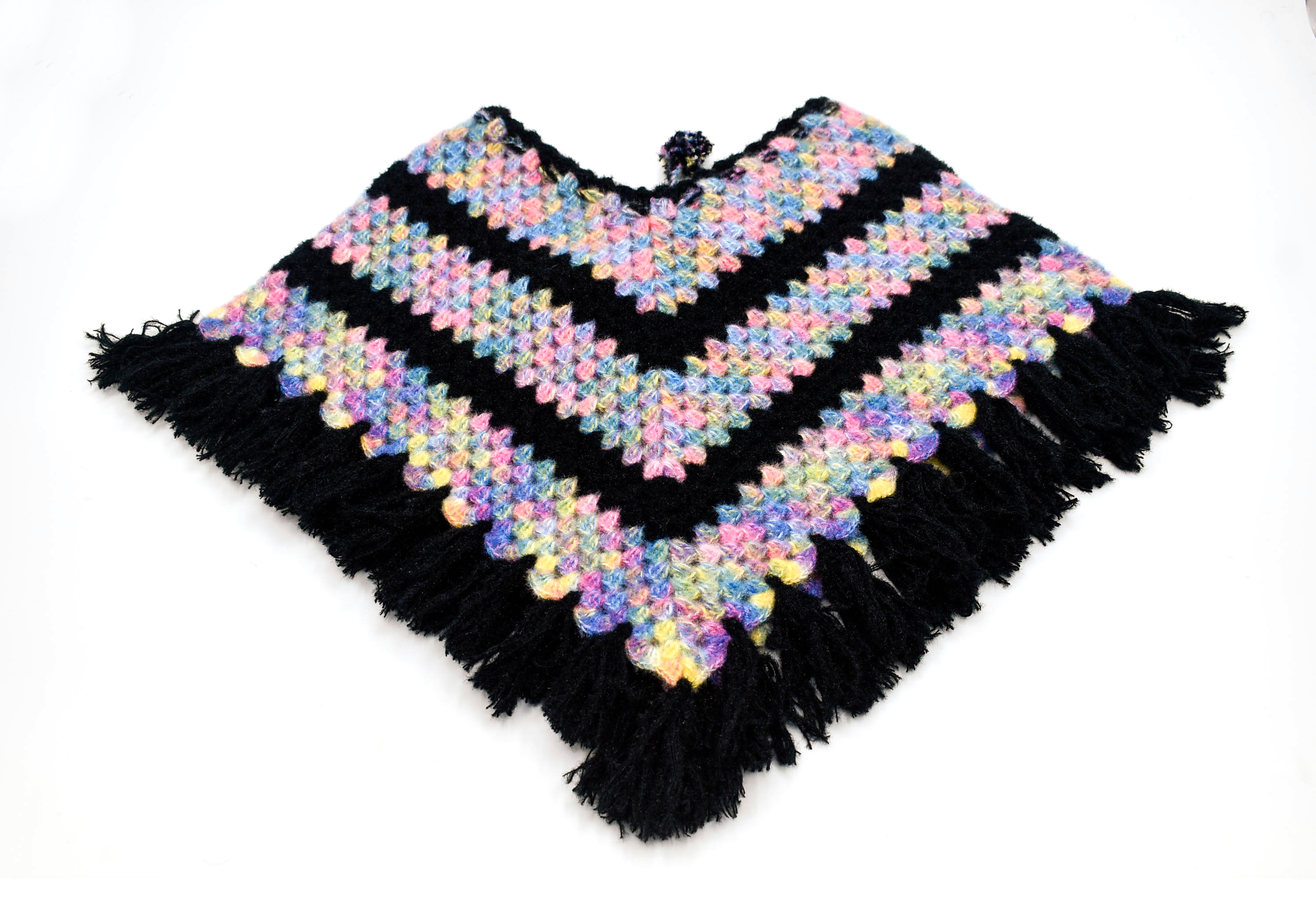 Handknitted Kids Woolen Poncho and Cap Set, Black with Multicolor Pattern (3-5 Years) Handknitted Kids Woolen Poncho and Cap Set, Black with Multicolor Pattern (3-5 Years)