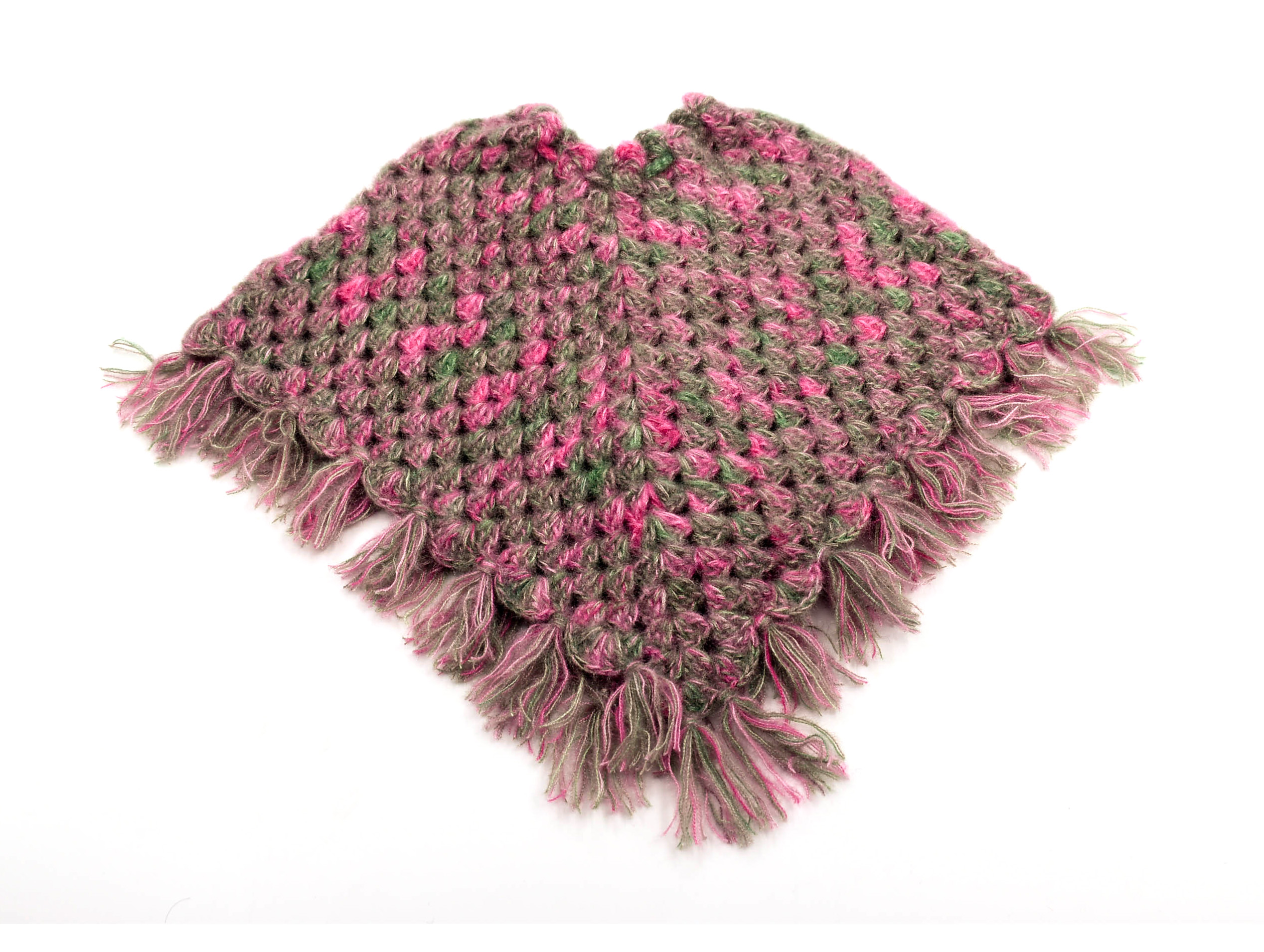 Handknitted Kids Woolen Poncho and Cap Set, Pink and Grey (1-2 Years) Handknitted Kids Woolen Poncho and Cap Set, Pink and Grey (1-2 Years)