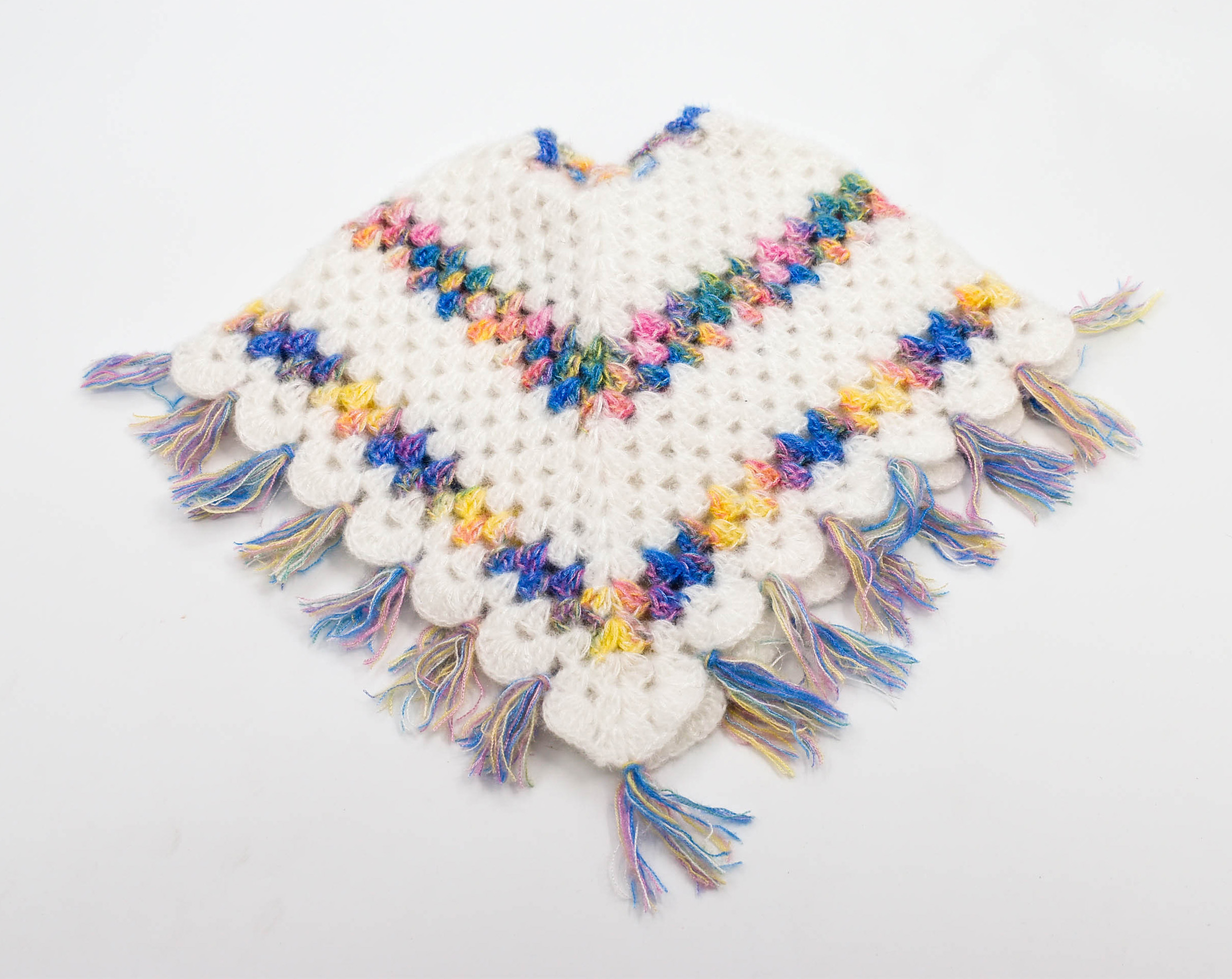 Handknitted Woolen Poncho and Cap Set for Kids, White with Multicolor Tassels (1-2 Years) Handknitted Woolen Poncho and Cap Set for Kids, White with Multicolor Tassels (1-2 Years)