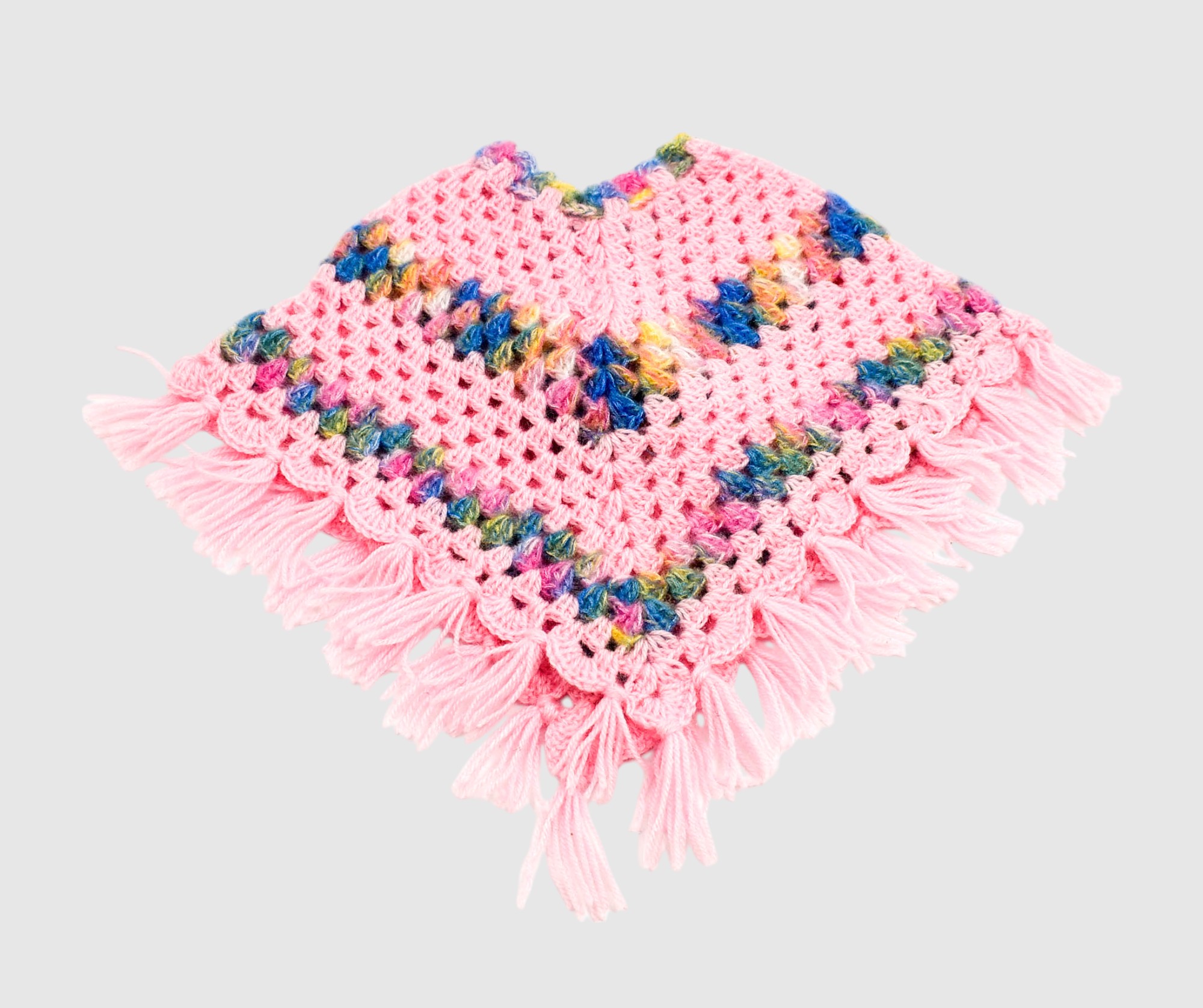 Handknitted Woolen Kids Poncho and Cap Set, Pink with Multicolor Pattern (6 Month - 1 Year)