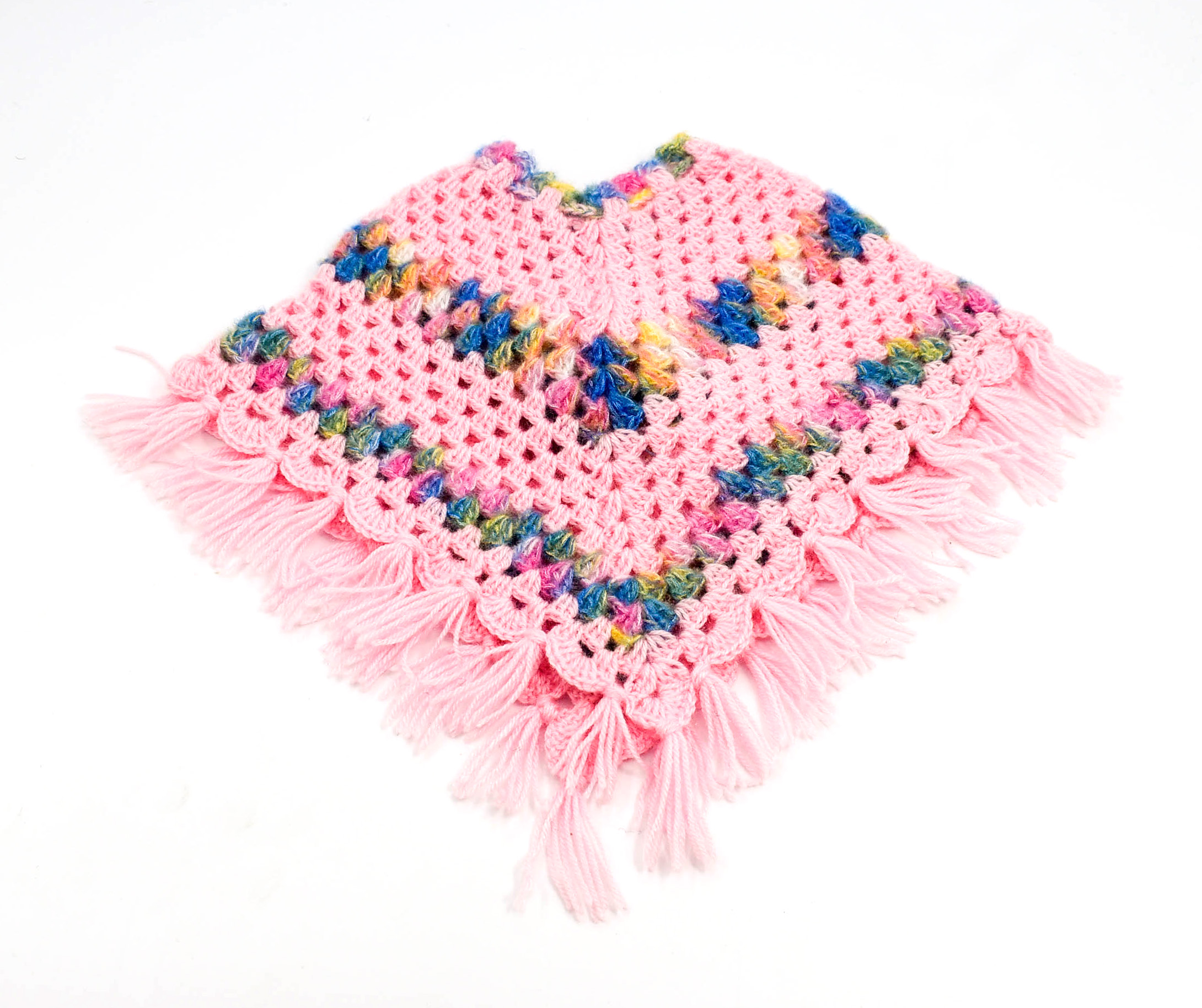 Handknitted Woolen Kids Poncho and Cap Set, Pink with Multicolor Pattern (6 Month - 1 Year) Handknitted Woolen Kids Poncho and Cap Set, Pink with Multicolor Pattern (6 Month - 1 Year)