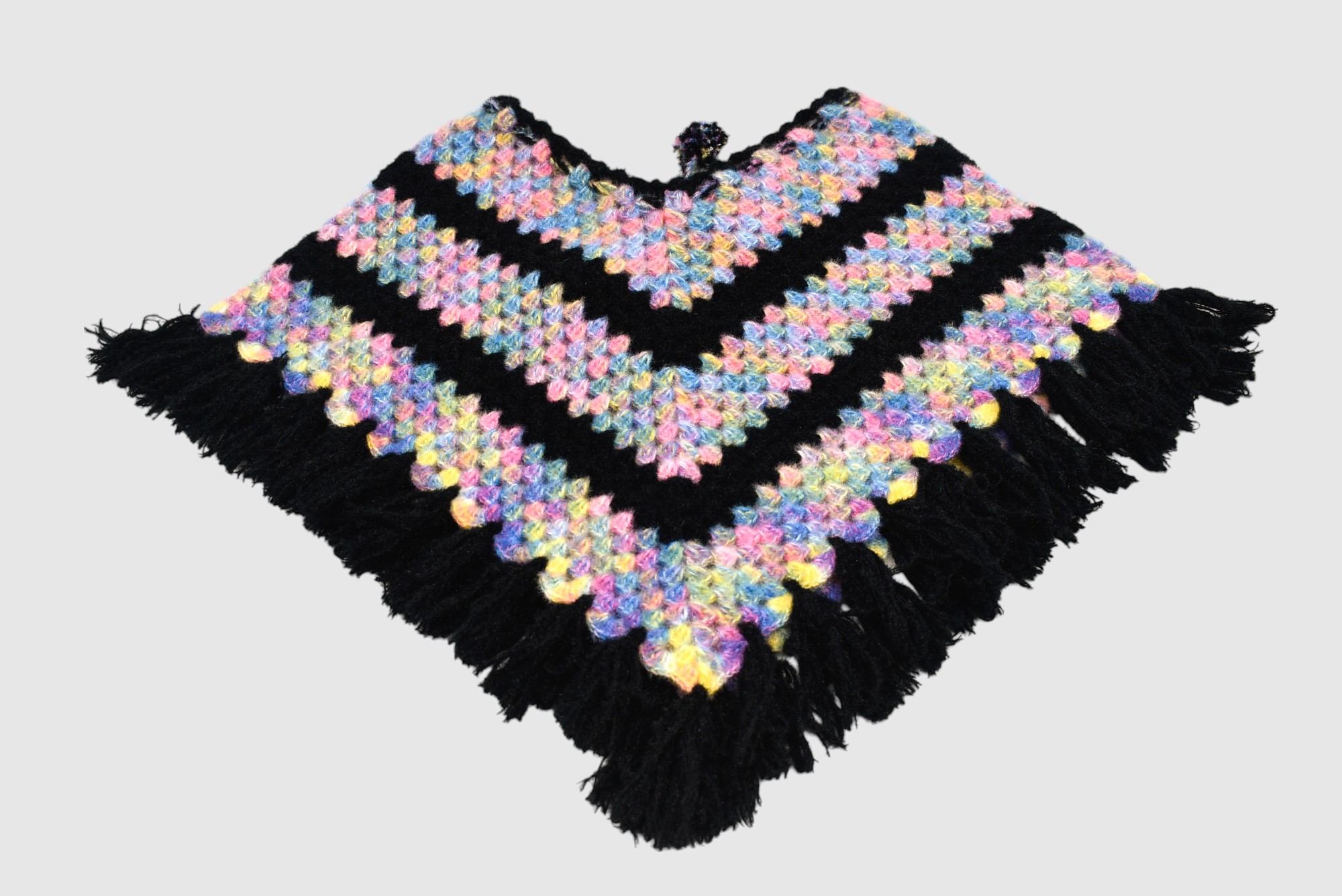 Handknitted Kids Woolen Poncho and Cap Set, Black with Multicolor Pattern (3-5 Years)