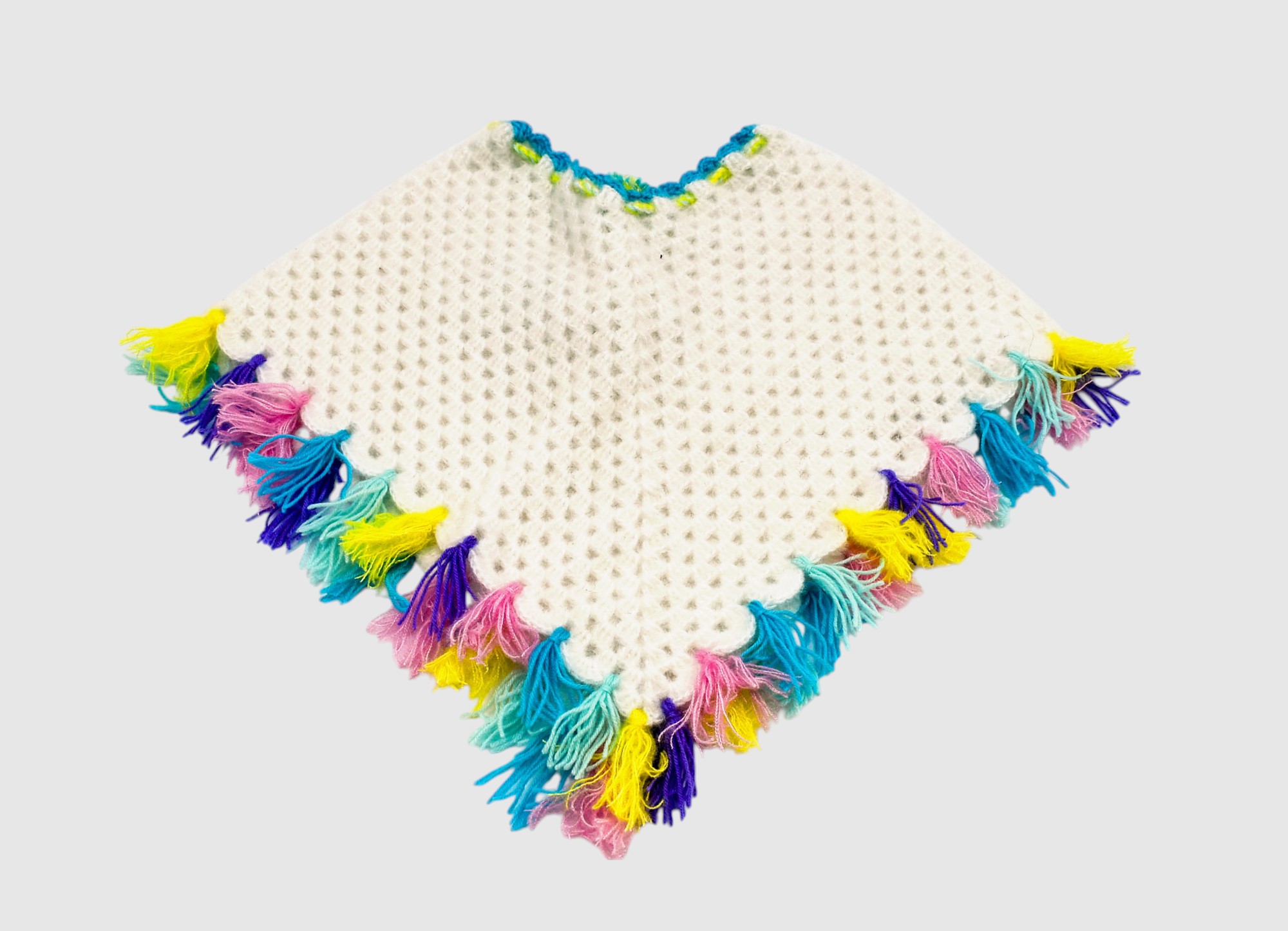 Handknitted Kids Woolen Poncho and Cap Set, White with Multicolor Tassels (1-3 Years)