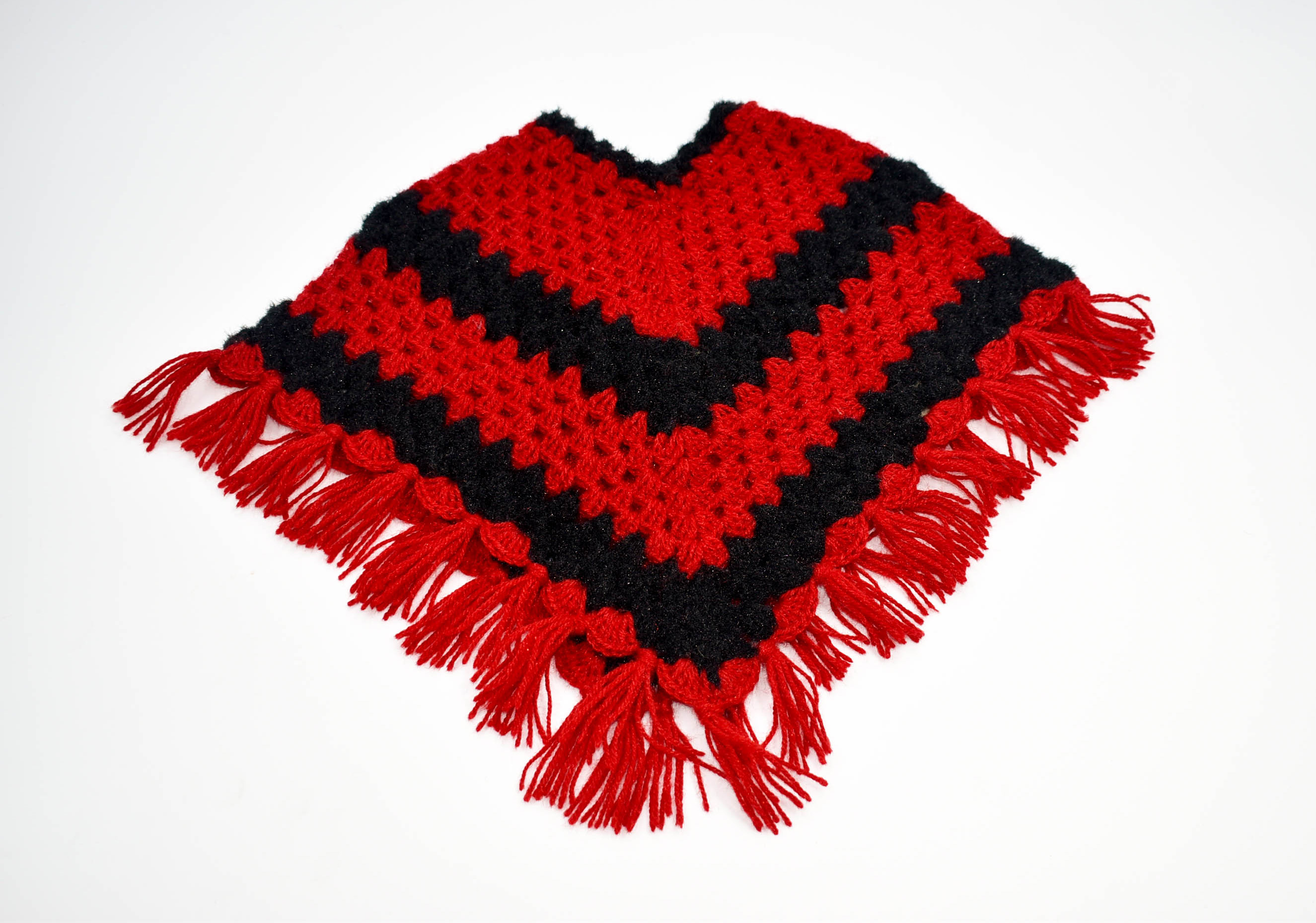 Handknitted Woolen Poncho and Cap Set for Kids, Red and Black (1-3 Years) Handknitted Woolen Poncho and Cap Set for Kids, Red and Black (1-3 Years)