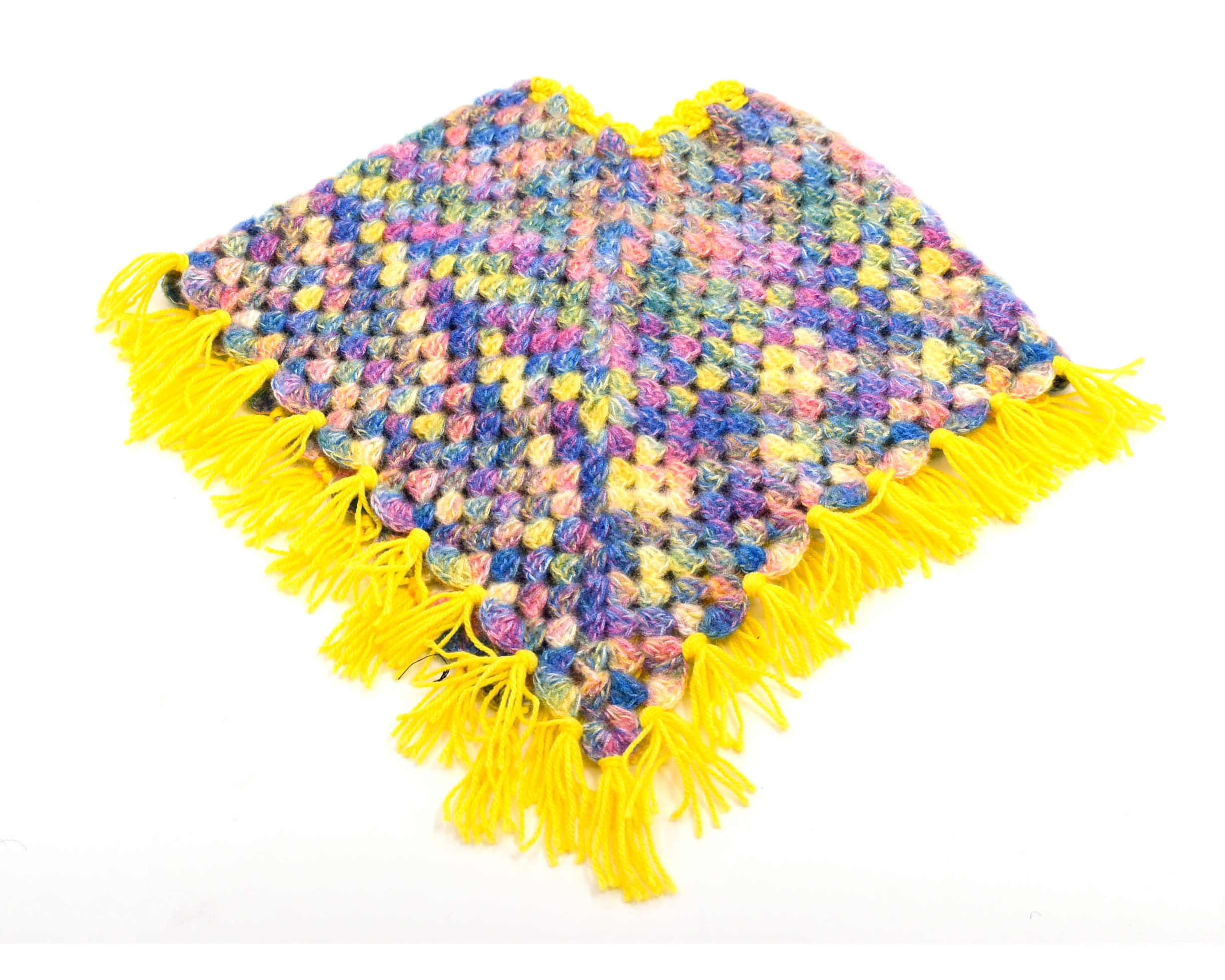 Handknitted Kids Multicolor Woolen Poncho and Cap Set with Yellow Tassels (1-3 Years) Handknitted Kids Multicolor Woolen Poncho and Cap Set with Yellow Tassels (1-3 Years)