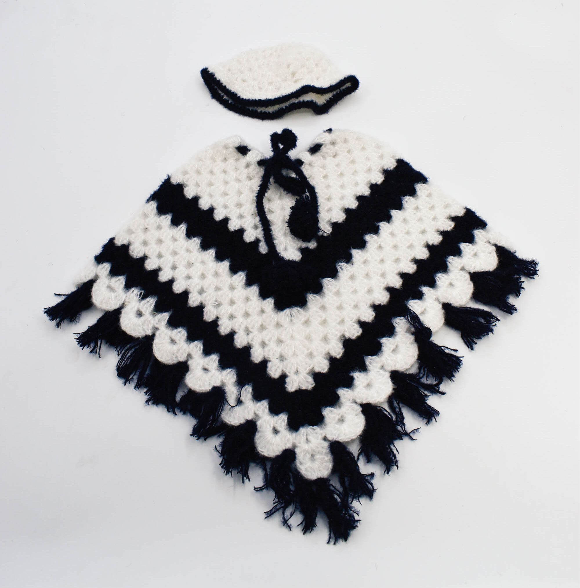 Black and White Handknitted Woolen Poncho and Cap Set for Kids (6 Months - 1 Year)