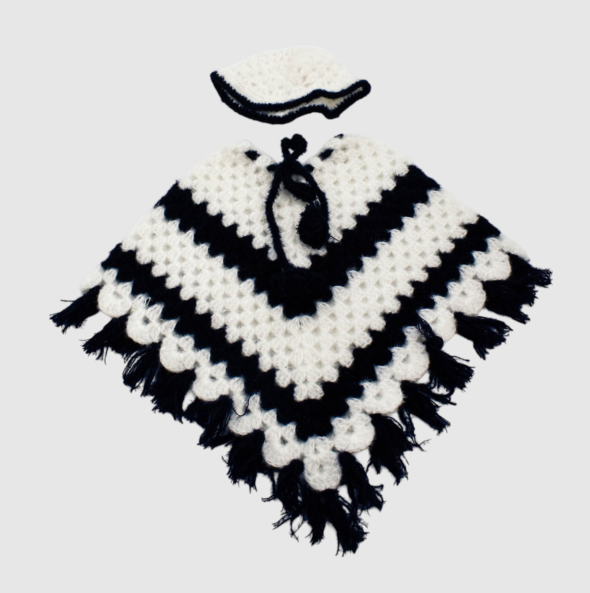 Black and White Handknitted Woolen Poncho and Cap Set for Kids (6 Months - 1 Year)