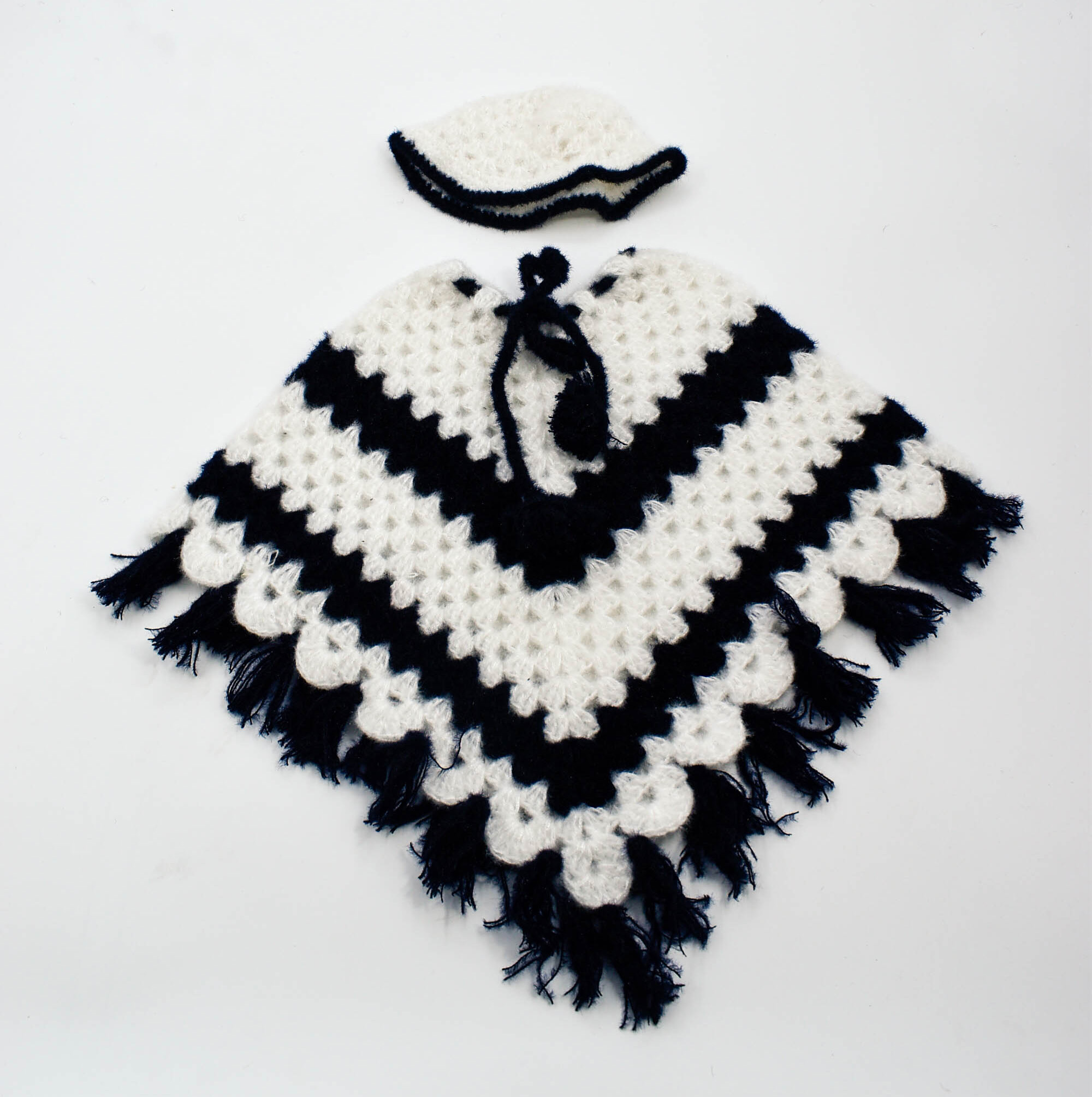 Black and White Handknitted Woolen Poncho and Cap Set for Kids (6 Months - 1 Year)