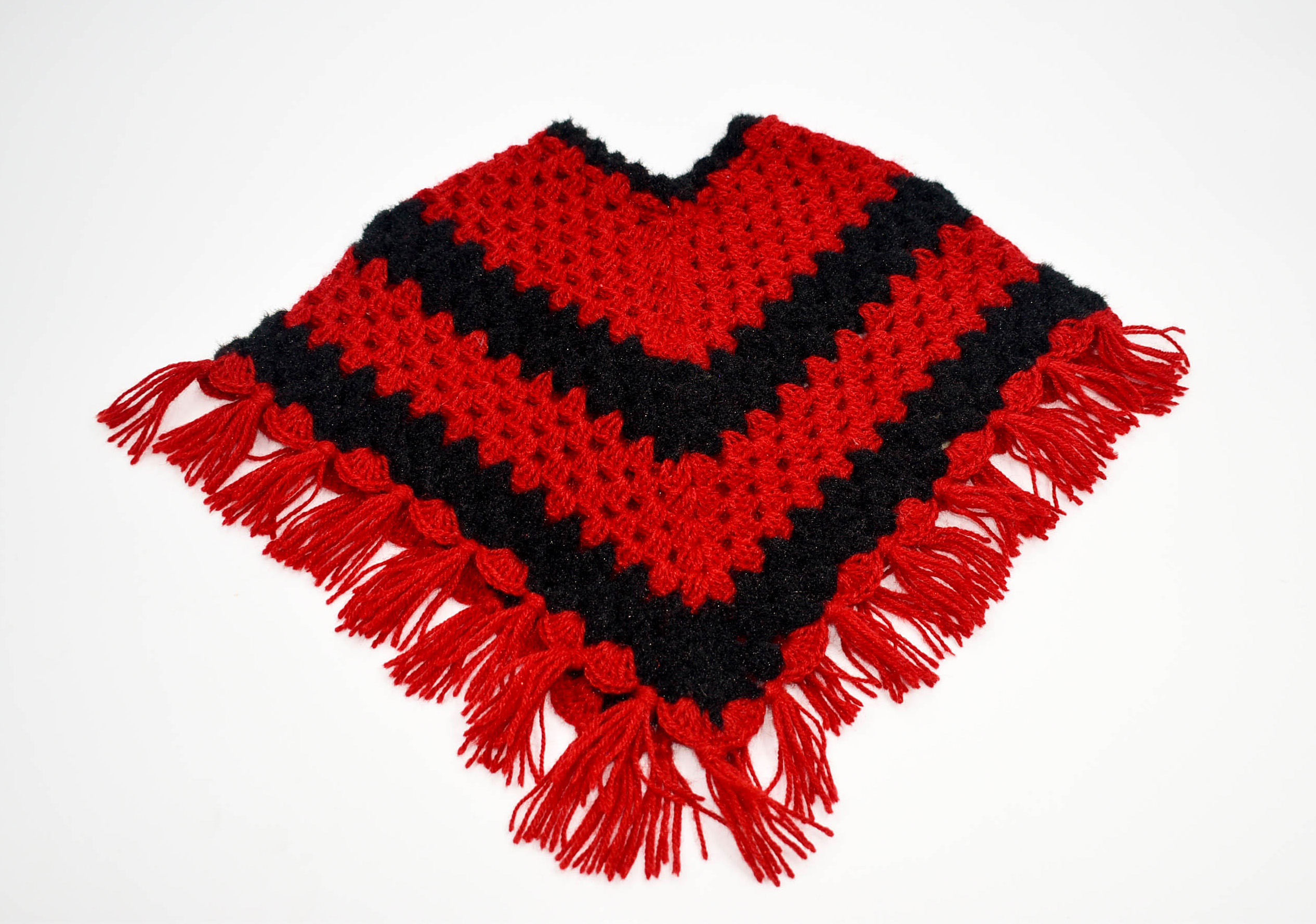Handknitted Woolen Poncho and Cap Set for Kids, Red and Black (1-3 Years)