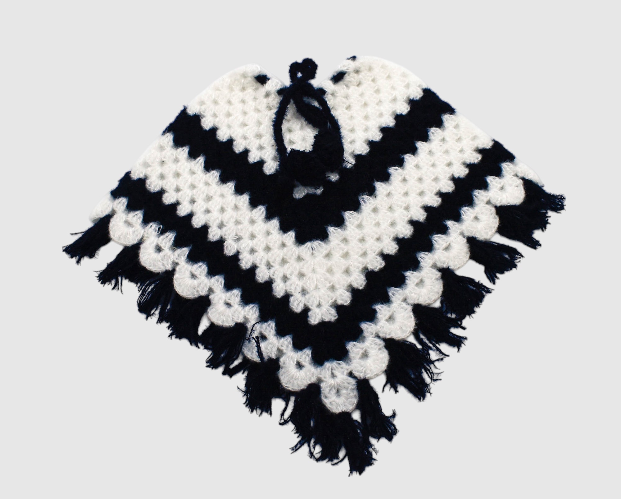 Black and White Handknitted Woolen Poncho and Cap Set for Kids (6 Months - 1 Year)
