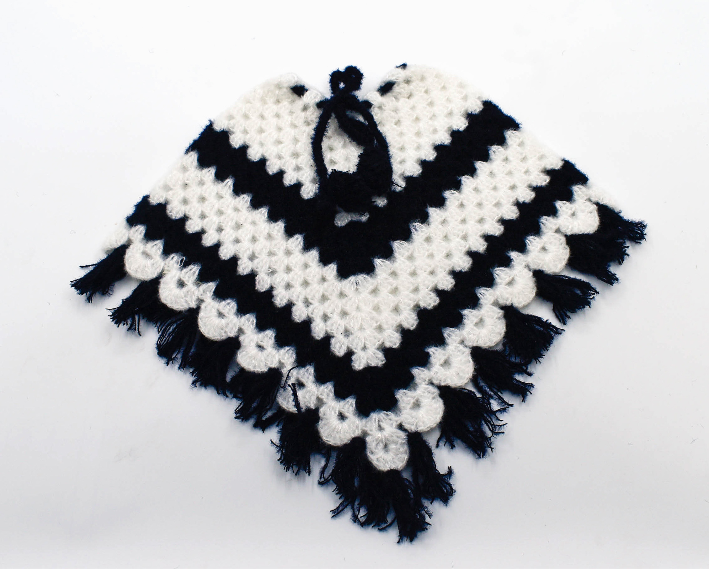 Black and White Handknitted Woolen Poncho and Cap Set for Kids (6 Months - 1 Year)