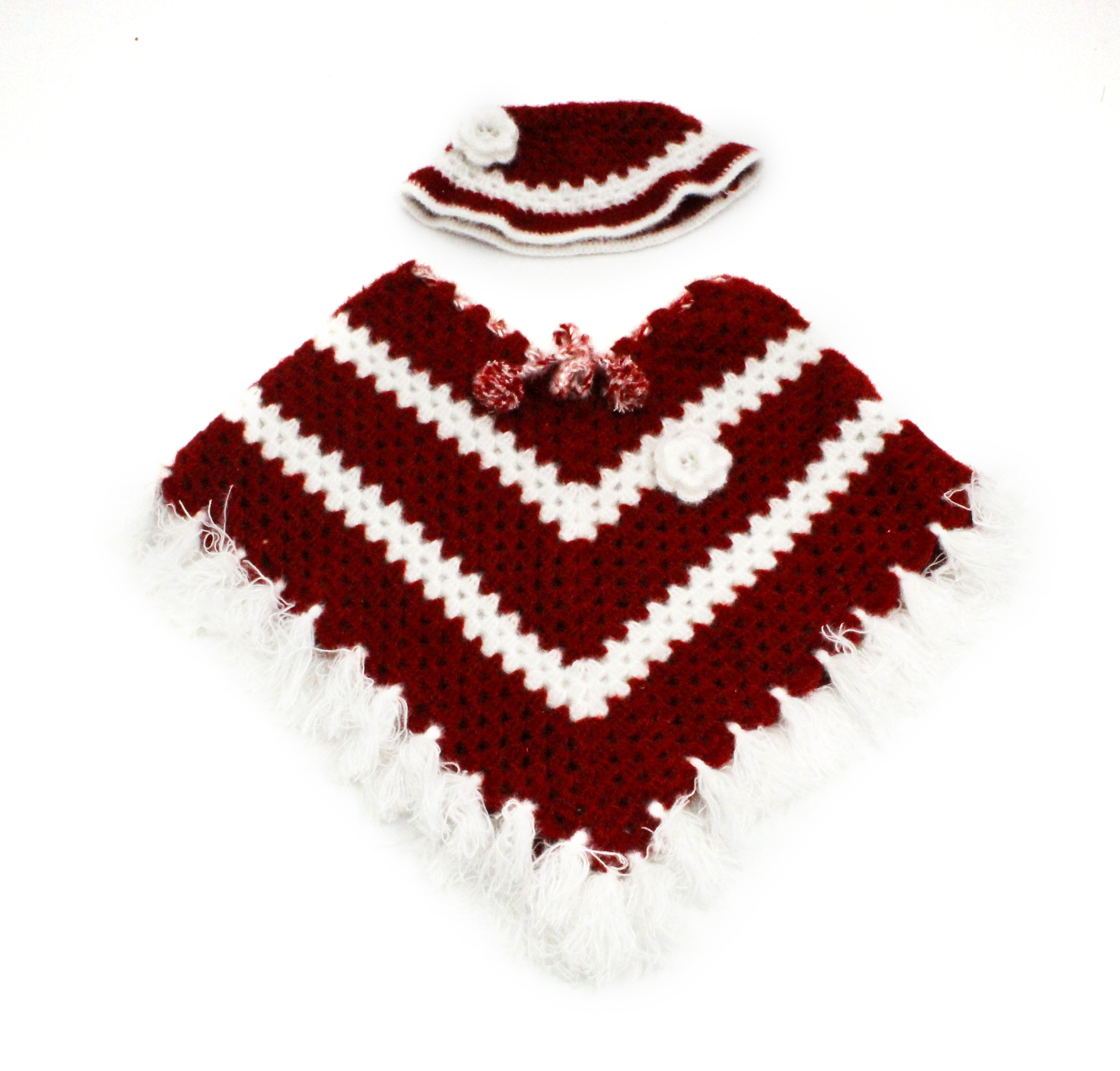 Handknitted Woolen Poncho and Cap Set for Kids, Red and White (6 Months - 1 Year) Handknitted Woolen Poncho and Cap Set for Kids, Red and White (6 Months - 1 Year)