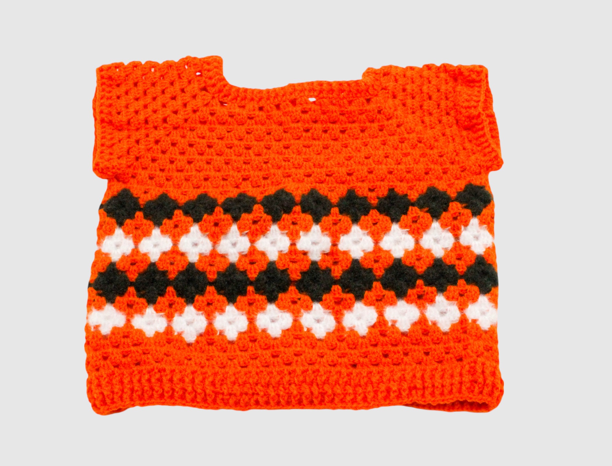 Handmade Baby Cardigan Sweater, Orange with Black and White Pattern, Button Front, 6-12 Months
