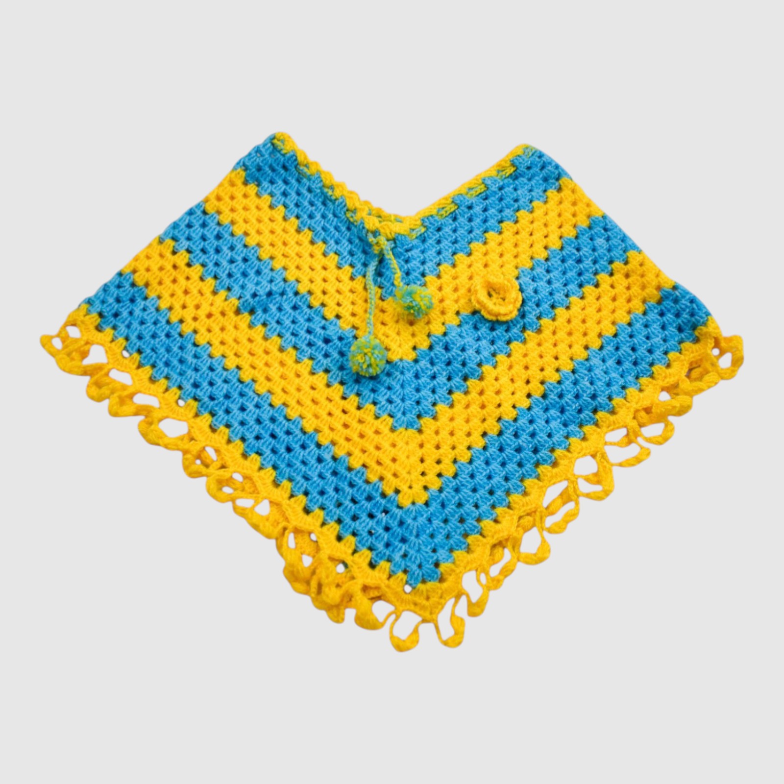 ]4-5 Years] Handknitted Kids Poncho, Blue and Yellow Striped Crochet, Decorative Lace Trim