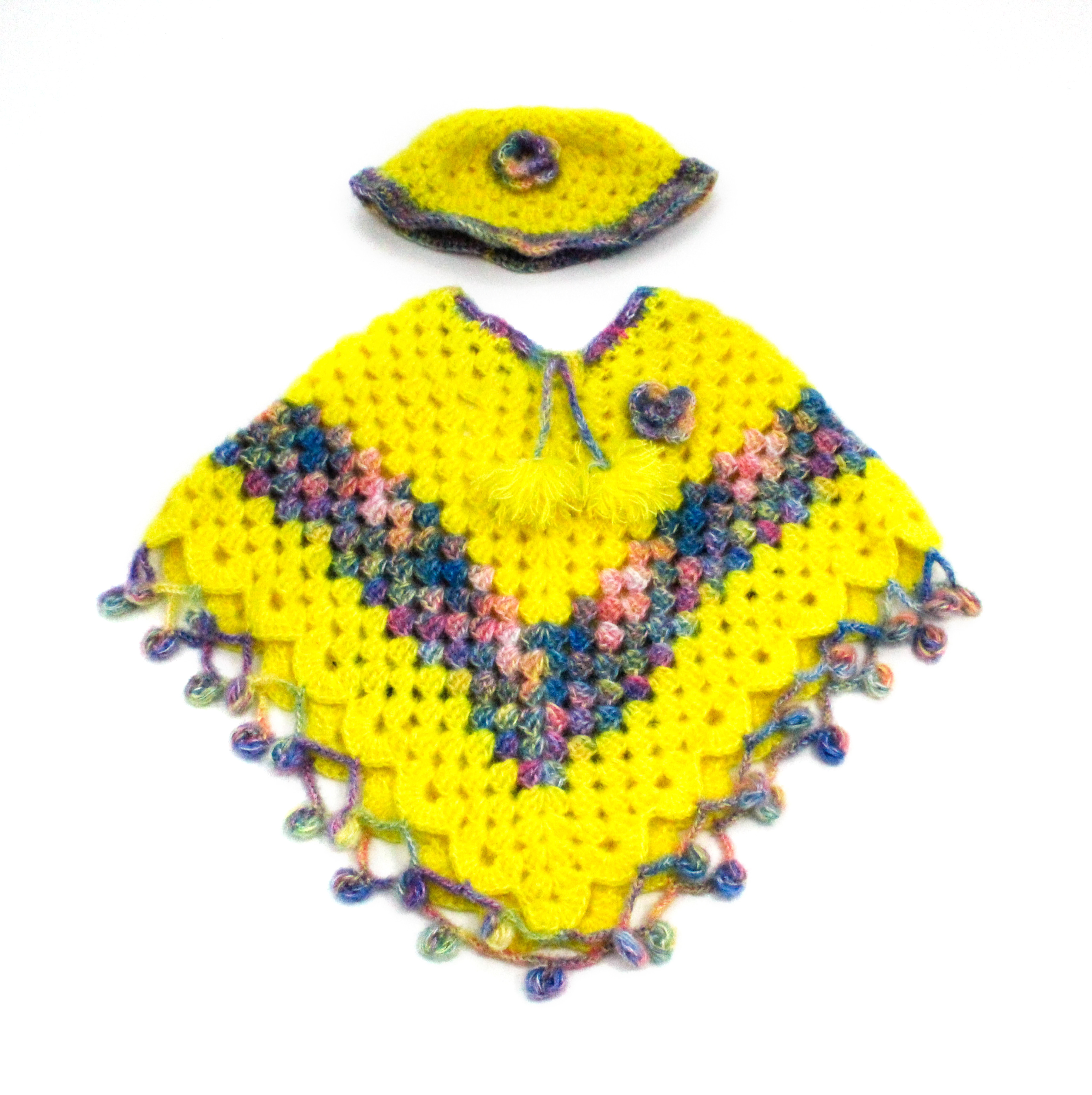 Handknitted Yellow Woolen Poncho and Cap Set for Kids, (6 Months - 1 Year) Handknitted Yellow Woolen Poncho and Cap Set for Kids, (6 Months - 1 Year)