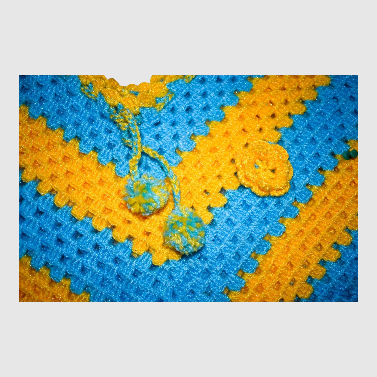 ]4-5 Years] Handknitted Kids Poncho, Blue and Yellow Striped Crochet, Decorative Lace Trim