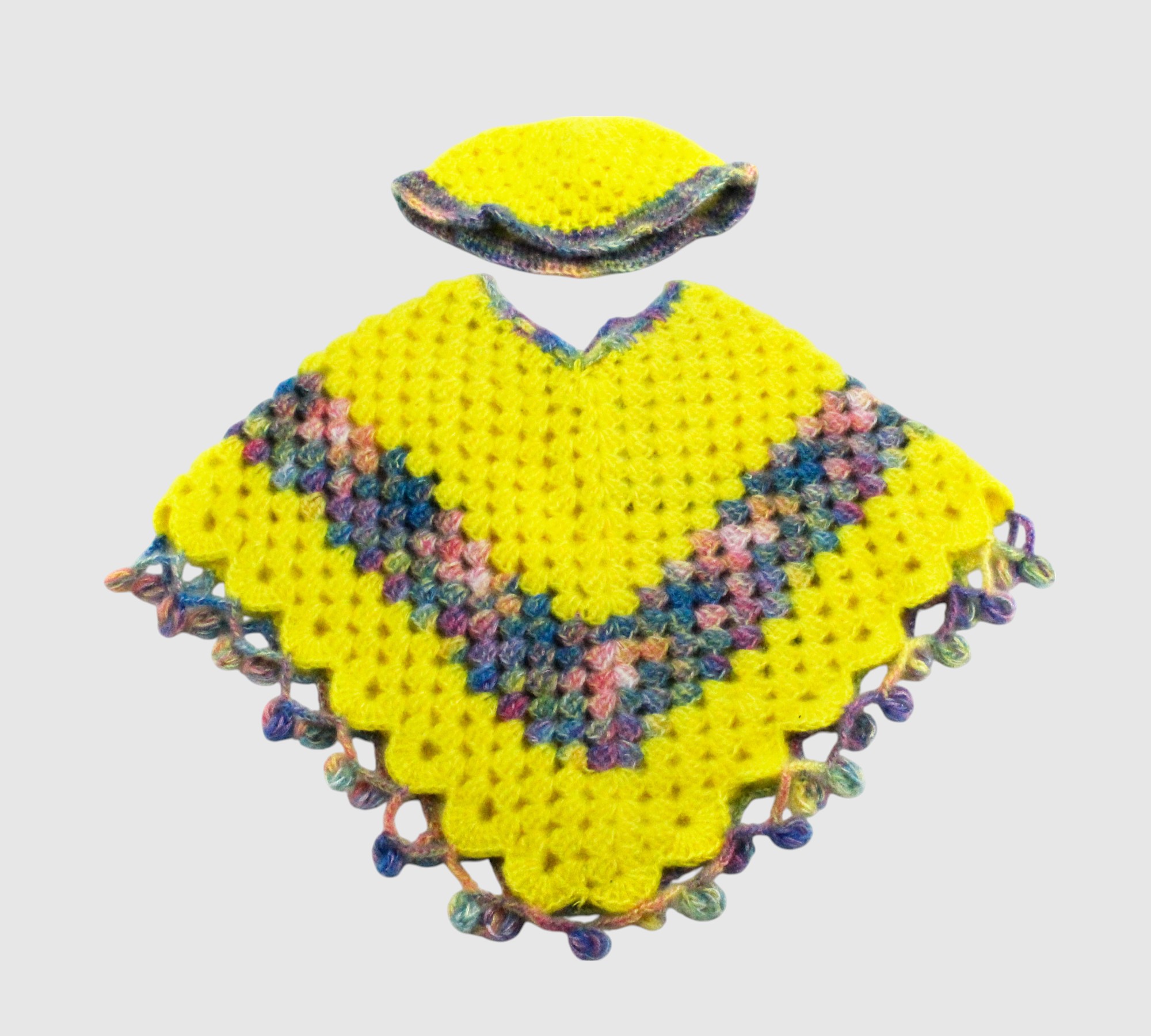 Handknitted Yellow Woolen Poncho and Cap Set for Kids, (6 Months - 1 Year)