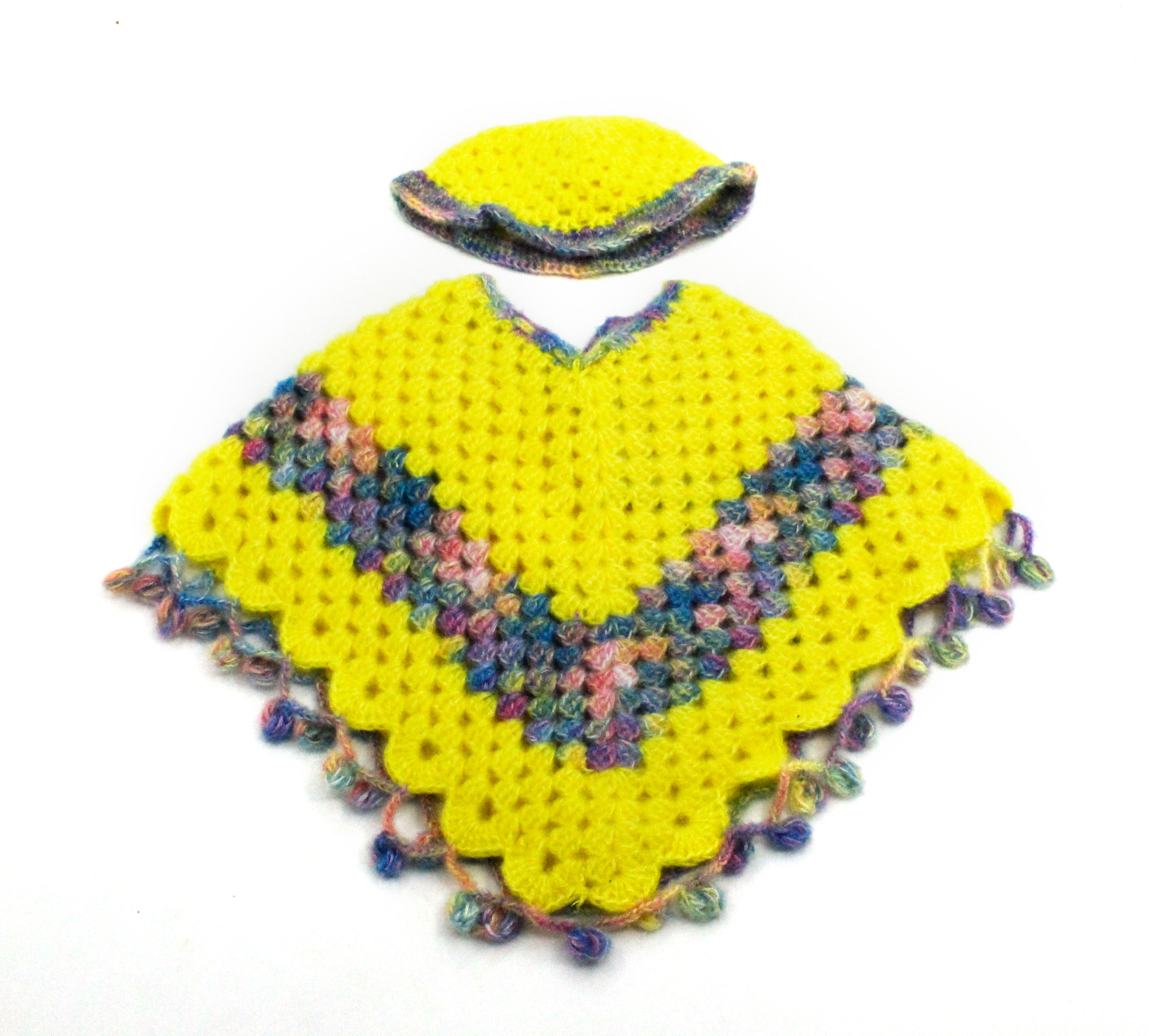 Handknitted Yellow Woolen Poncho and Cap Set for Kids, (6 Months - 1 Year) Handknitted Yellow Woolen Poncho and Cap Set for Kids, (6 Months - 1 Year)