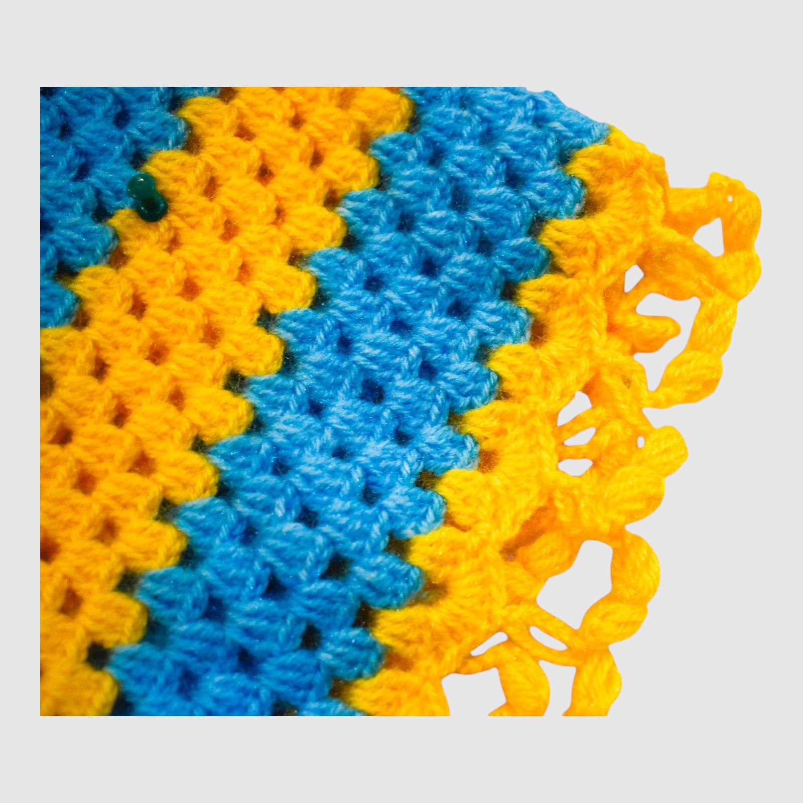 ]4-5 Years] Handknitted Kids Poncho, Blue and Yellow Striped Crochet, Decorative Lace Trim