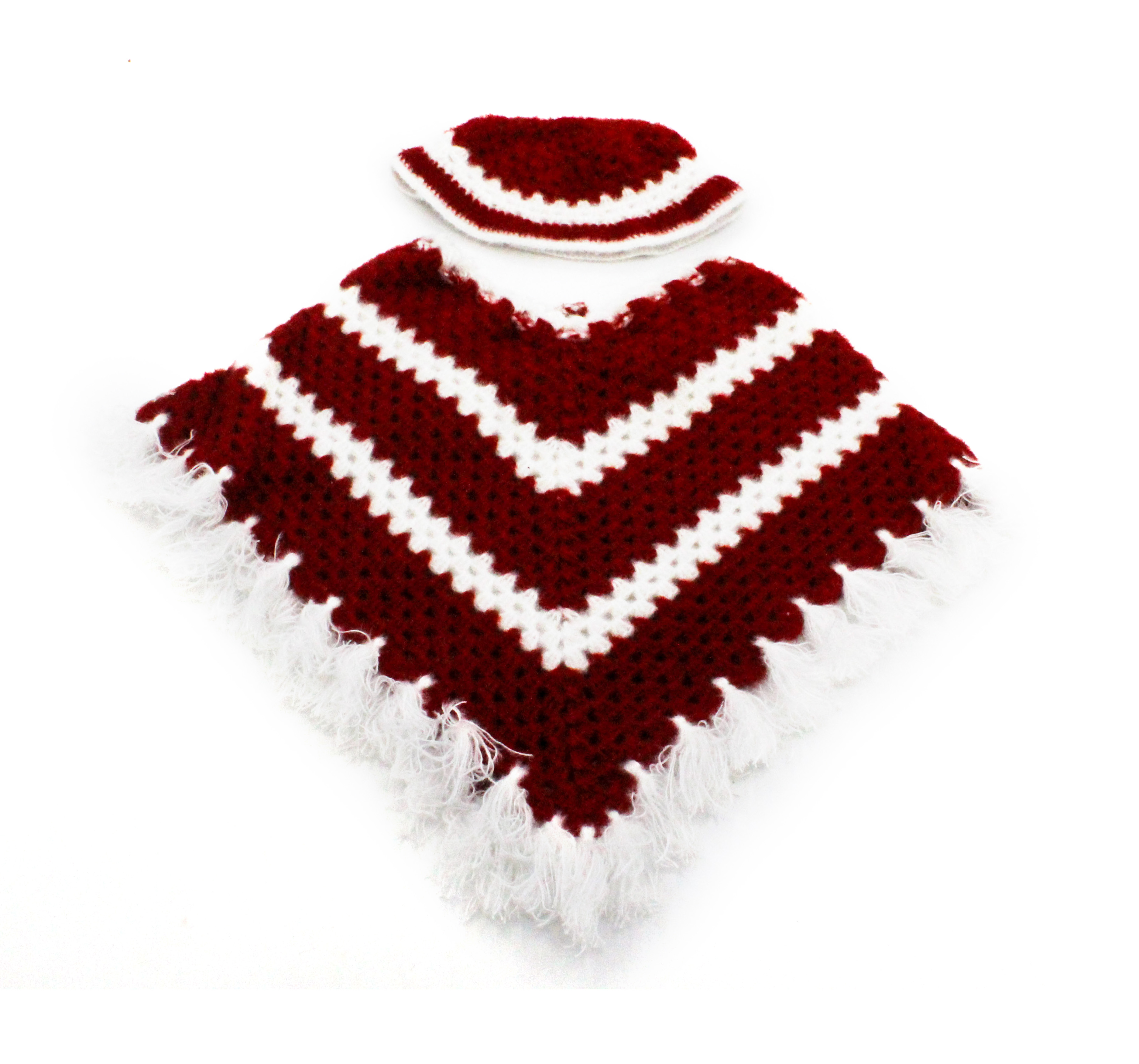 Handknitted Woolen Poncho and Cap Set for Kids, Red and White (6 Months - 1 Year) Handknitted Woolen Poncho and Cap Set for Kids, Red and White (6 Months - 1 Year)