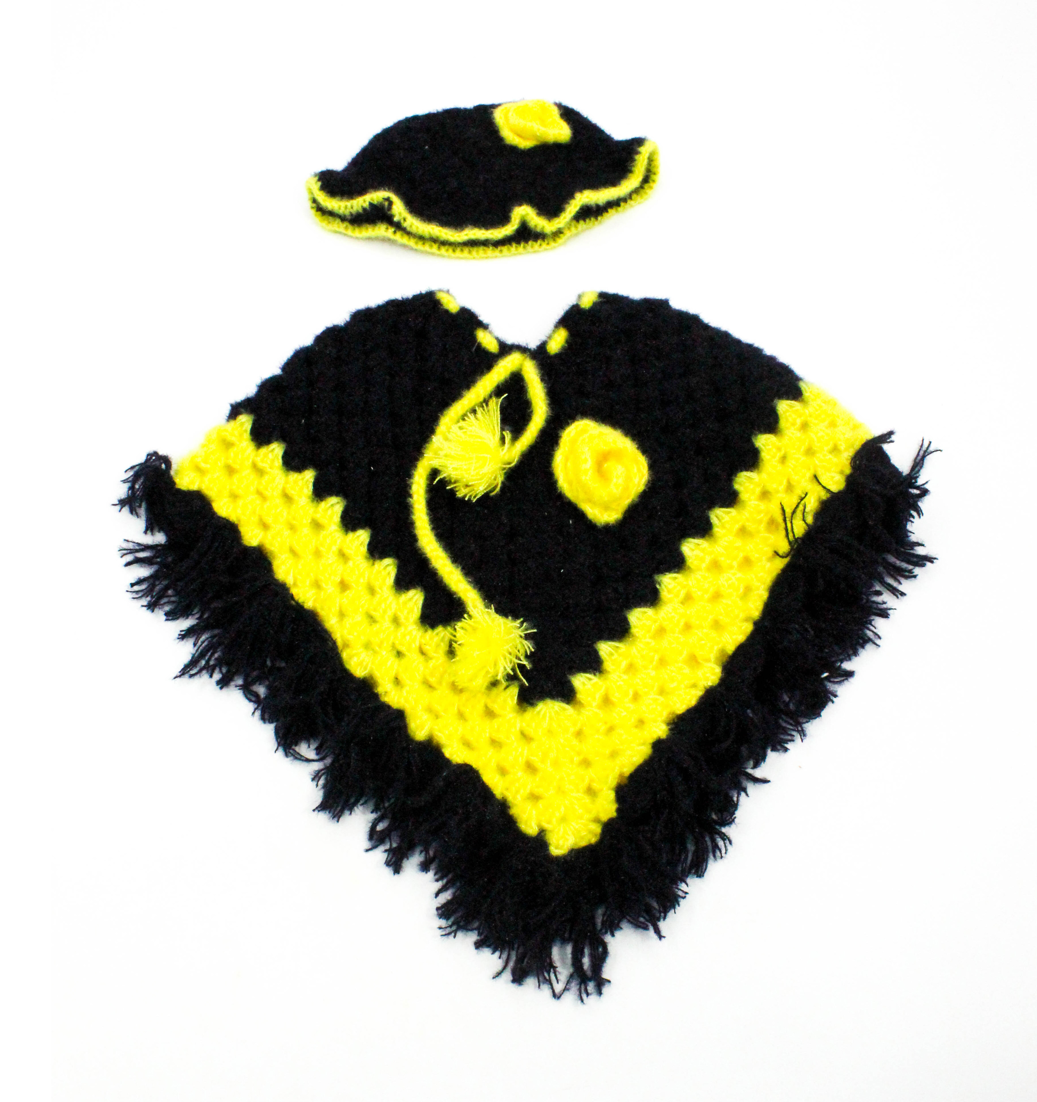 Hand-Knitted Kids Woolen Poncho and Cap Set, Black and Yellow (3 -6 Months) Hand-Knitted Kids Woolen Poncho and Cap Set, Black and Yellow (3 -6 Months)