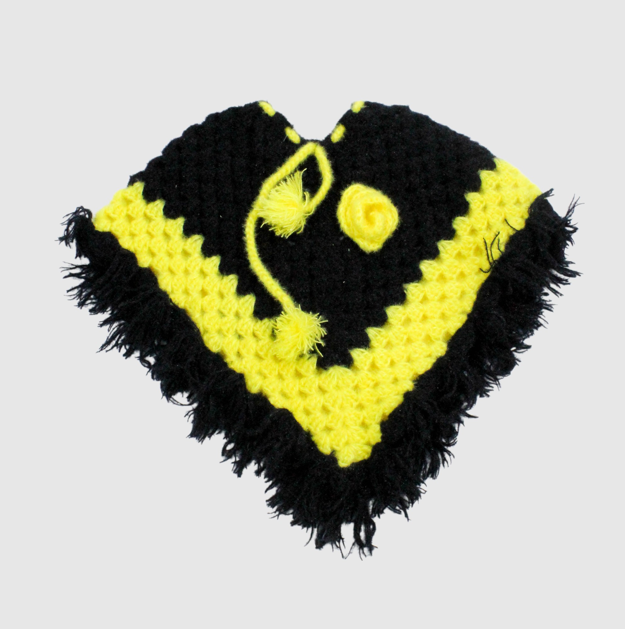 Hand-Knitted Kids Woolen Poncho and Cap Set, Black and Yellow (3 -6 Months)