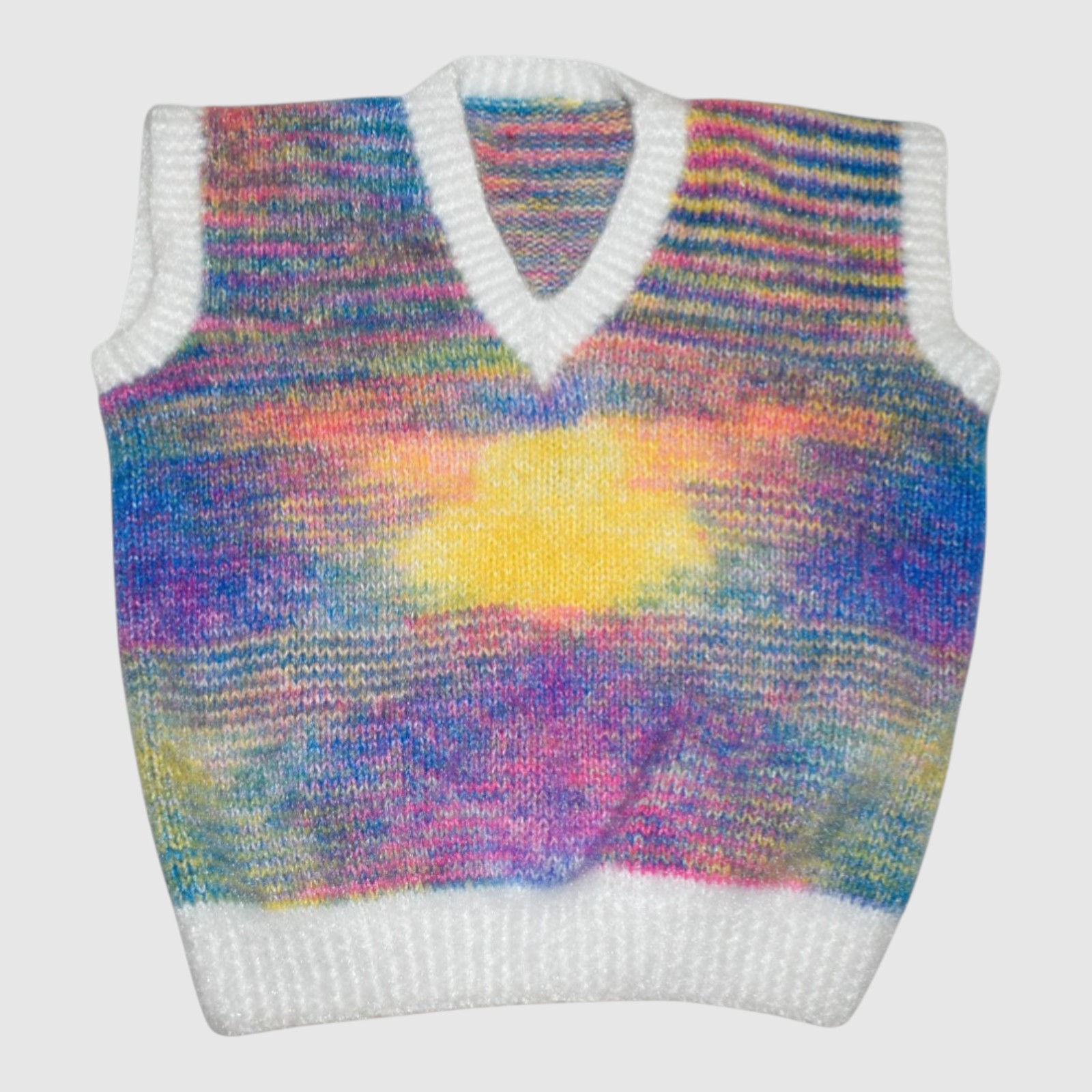 [2-3 Years] Handknitted Rainbow Multicolour Sweater for Kids, White Ribbed Trim