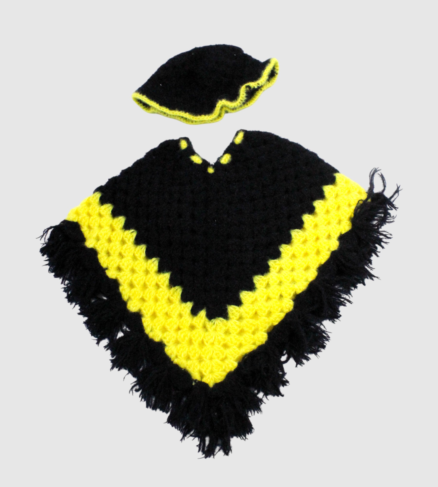 Hand-Knitted Kids Woolen Poncho and Cap Set, Black and Yellow (3 -6 Months)