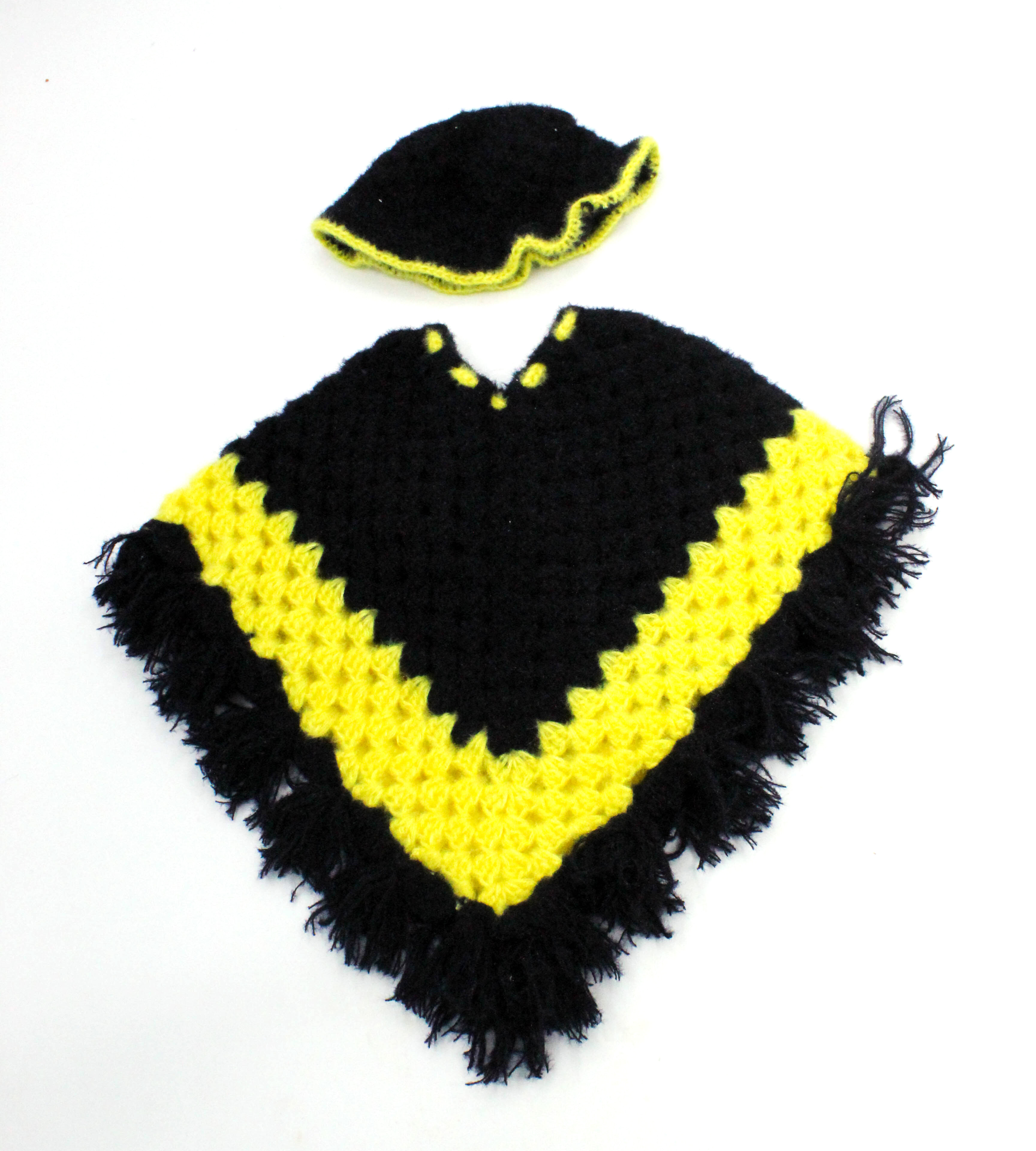 Hand-Knitted Kids Woolen Poncho and Cap Set, Black and Yellow (3 -6 Months) Hand-Knitted Kids Woolen Poncho and Cap Set, Black and Yellow (3 -6 Months)