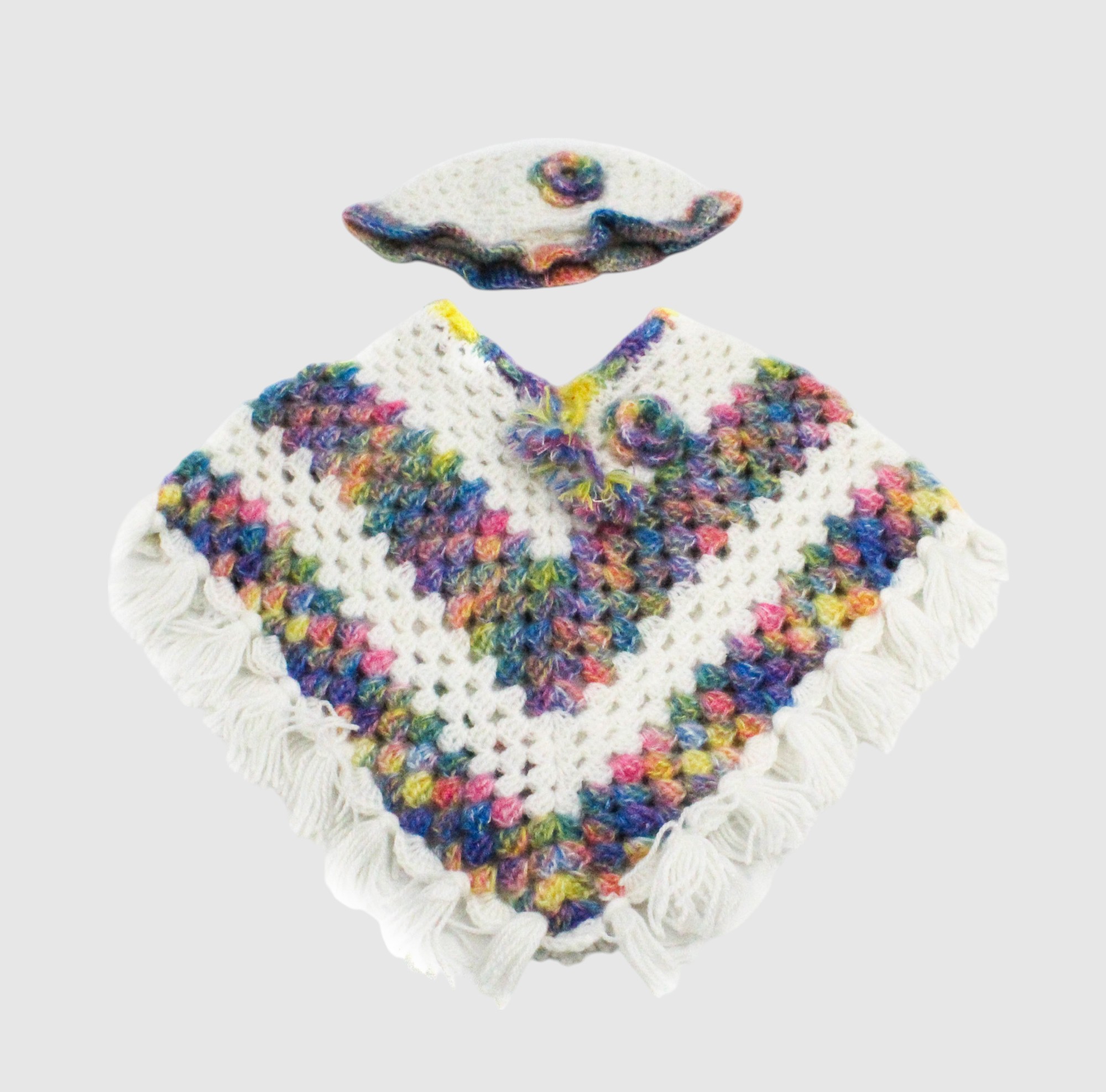 Handknitted Rainbow Striped Multicolored Woolen Poncho and Cap Set for Kids, (6 Months - 1 Year)
