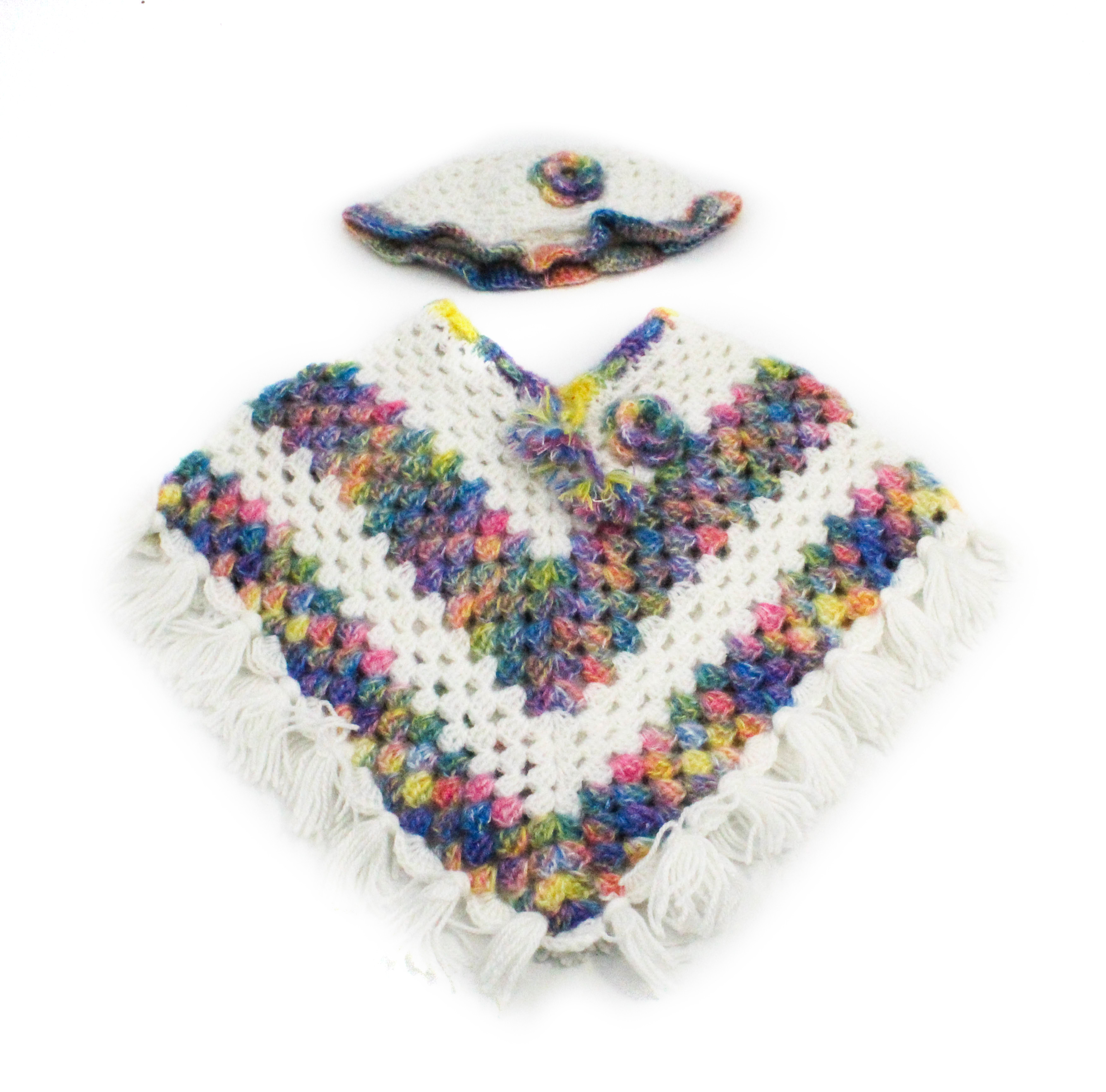 Handknitted Rainbow Striped Multicolored Woolen Poncho and Cap Set for Kids, (6 Months - 1 Year) Handknitted Rainbow Striped Multicolored Woolen Poncho and Cap Set for Kids, (6 Months - 1 Year)