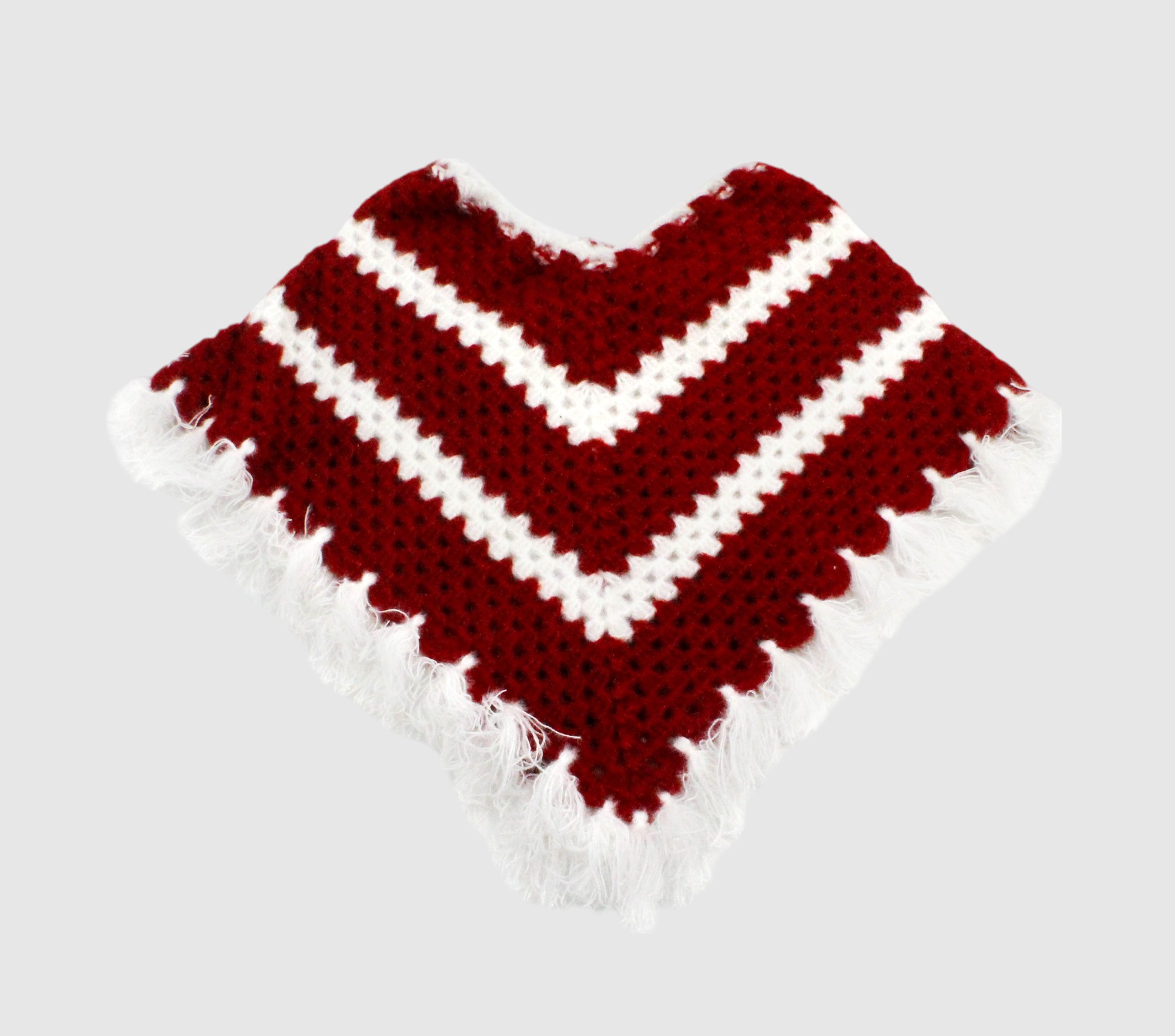 Handknitted Woolen Poncho and Cap Set for Kids, Red and White (6 Months - 1 Year)