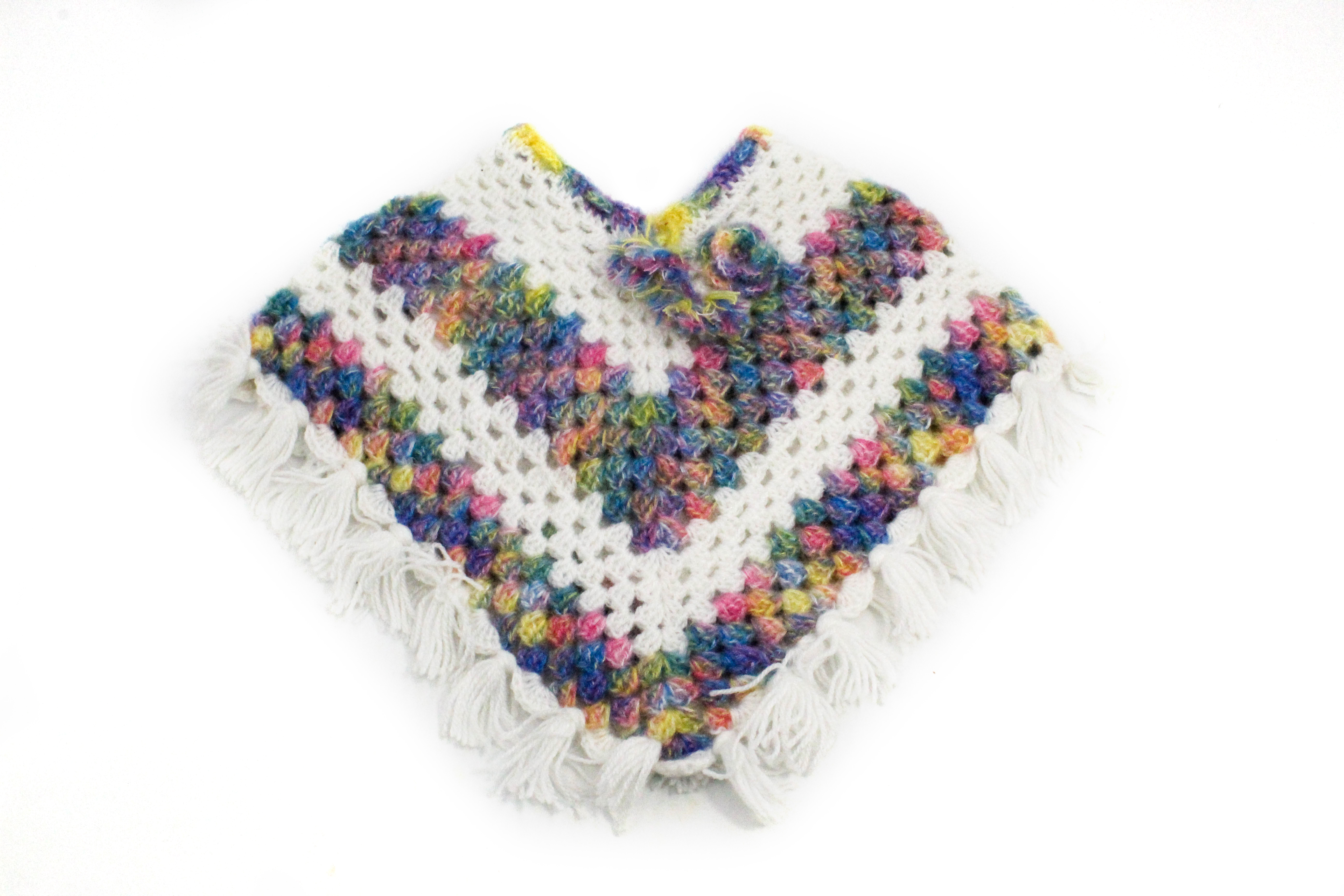 Handknitted Rainbow Striped Multicolored Woolen Poncho and Cap Set for Kids, (6 Months - 1 Year) Handknitted Rainbow Striped Multicolored Woolen Poncho and Cap Set for Kids, (6 Months - 1 Year)