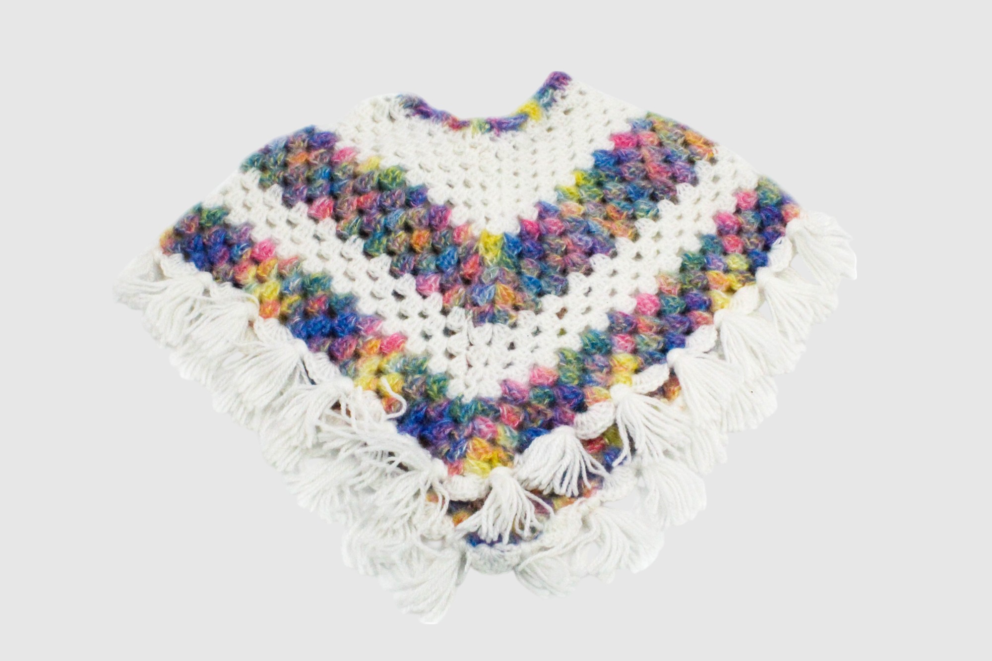 Handknitted Rainbow Striped Multicolored Woolen Poncho and Cap Set for Kids, (6 Months - 1 Year)