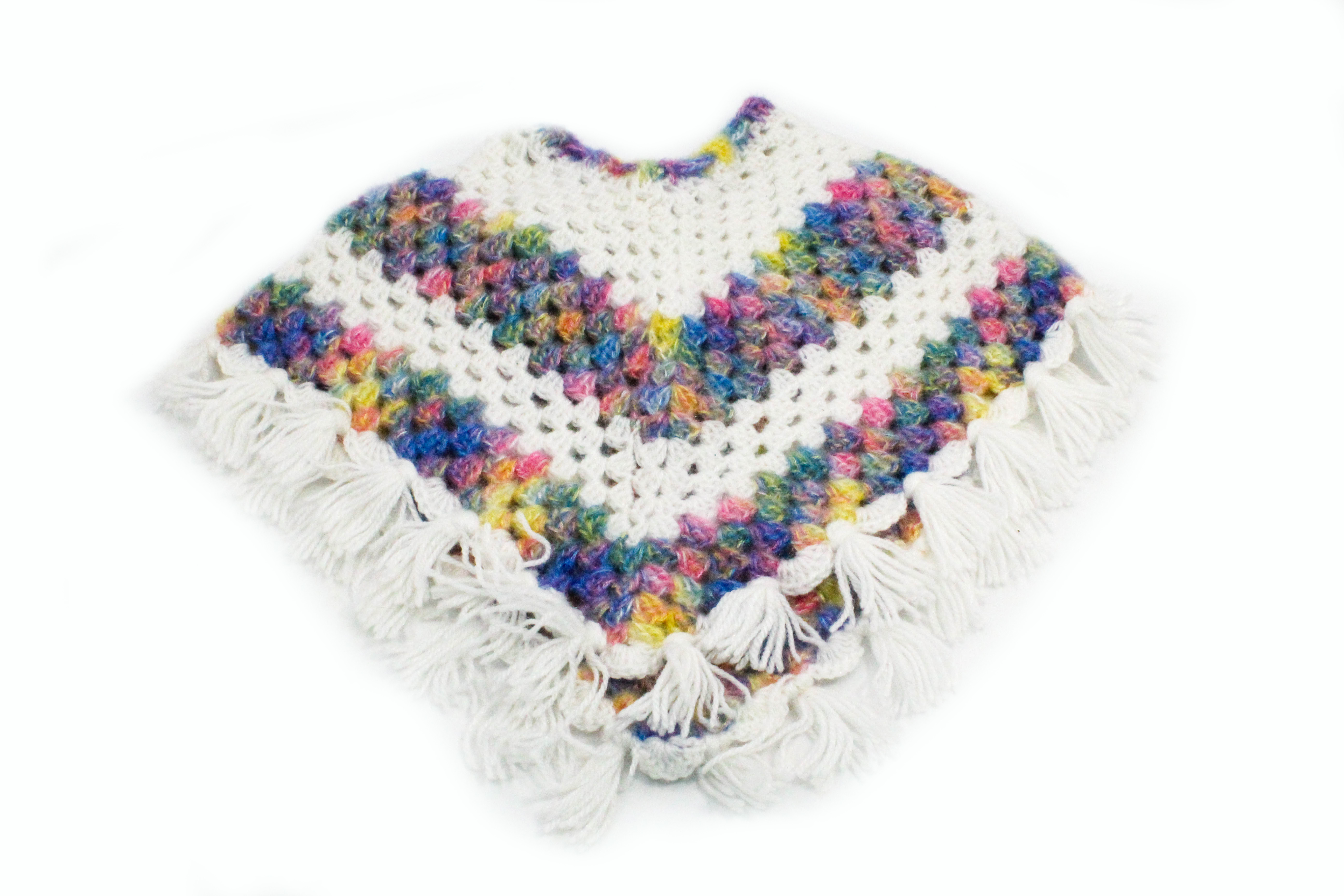 Handknitted Rainbow Striped Multicolored Woolen Poncho and Cap Set for Kids, (6 Months - 1 Year) Handknitted Rainbow Striped Multicolored Woolen Poncho and Cap Set for Kids, (6 Months - 1 Year)