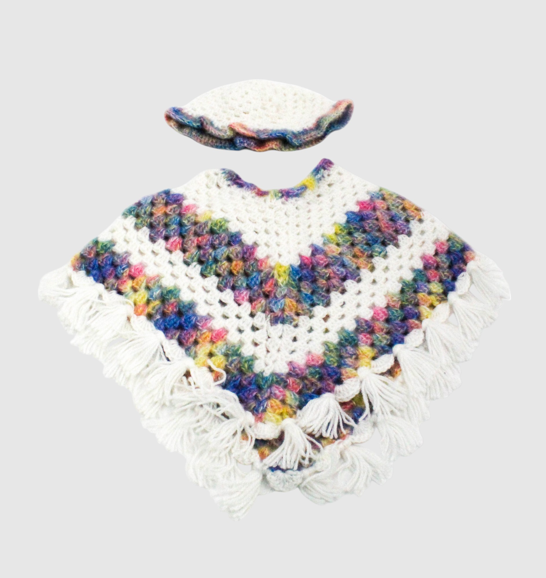 Handknitted Rainbow Striped Multicolored Woolen Poncho and Cap Set for Kids, (6 Months - 1 Year)