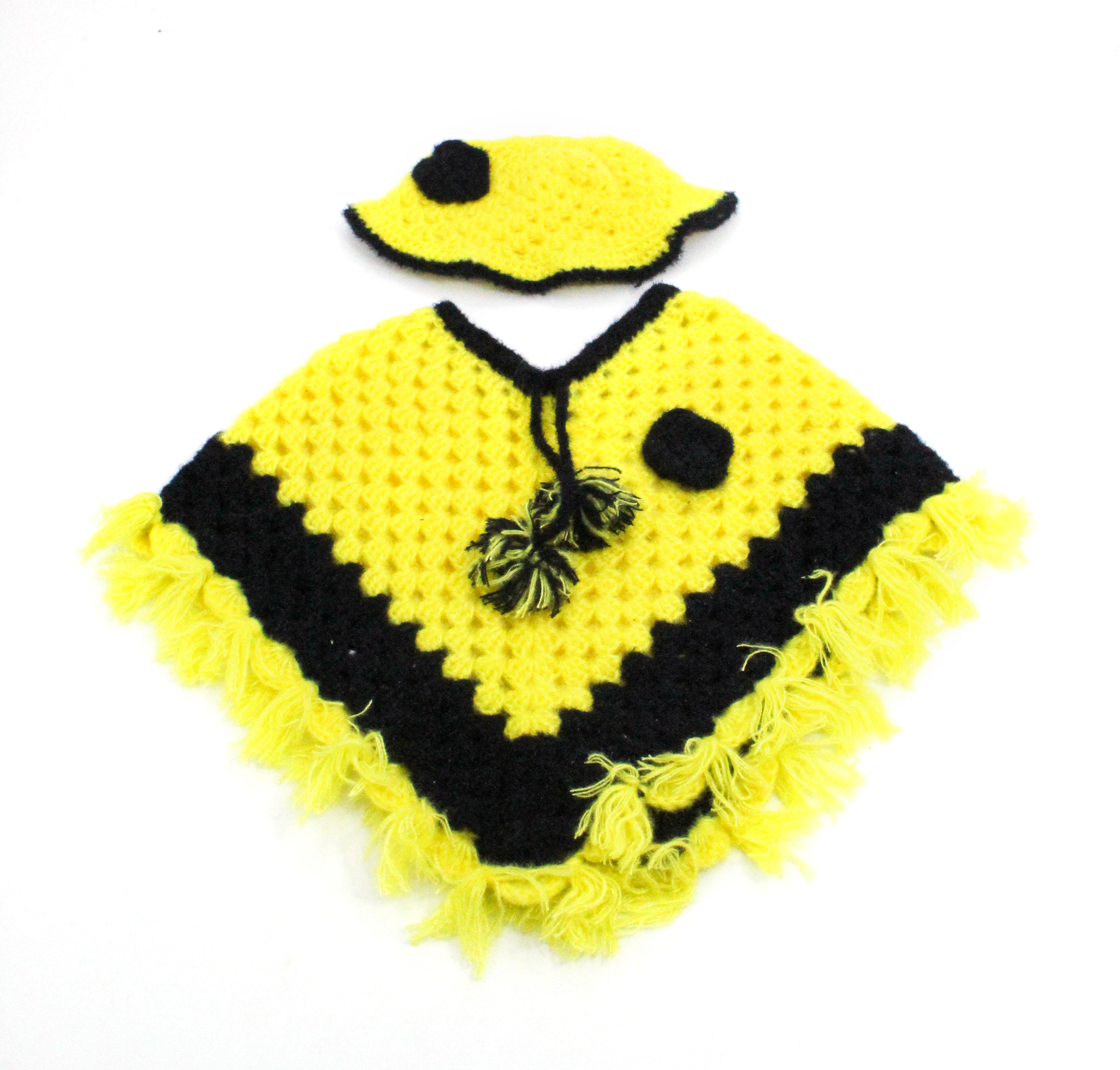 Handknitted Woolen Poncho and Cap Set for Kids, Yellow and Black, Fringed Design (6 Months - 1 Year) Handknitted Woolen Poncho and Cap Set for Kids, Yellow and Black, Fringed Design (6 Months - 1 Year)