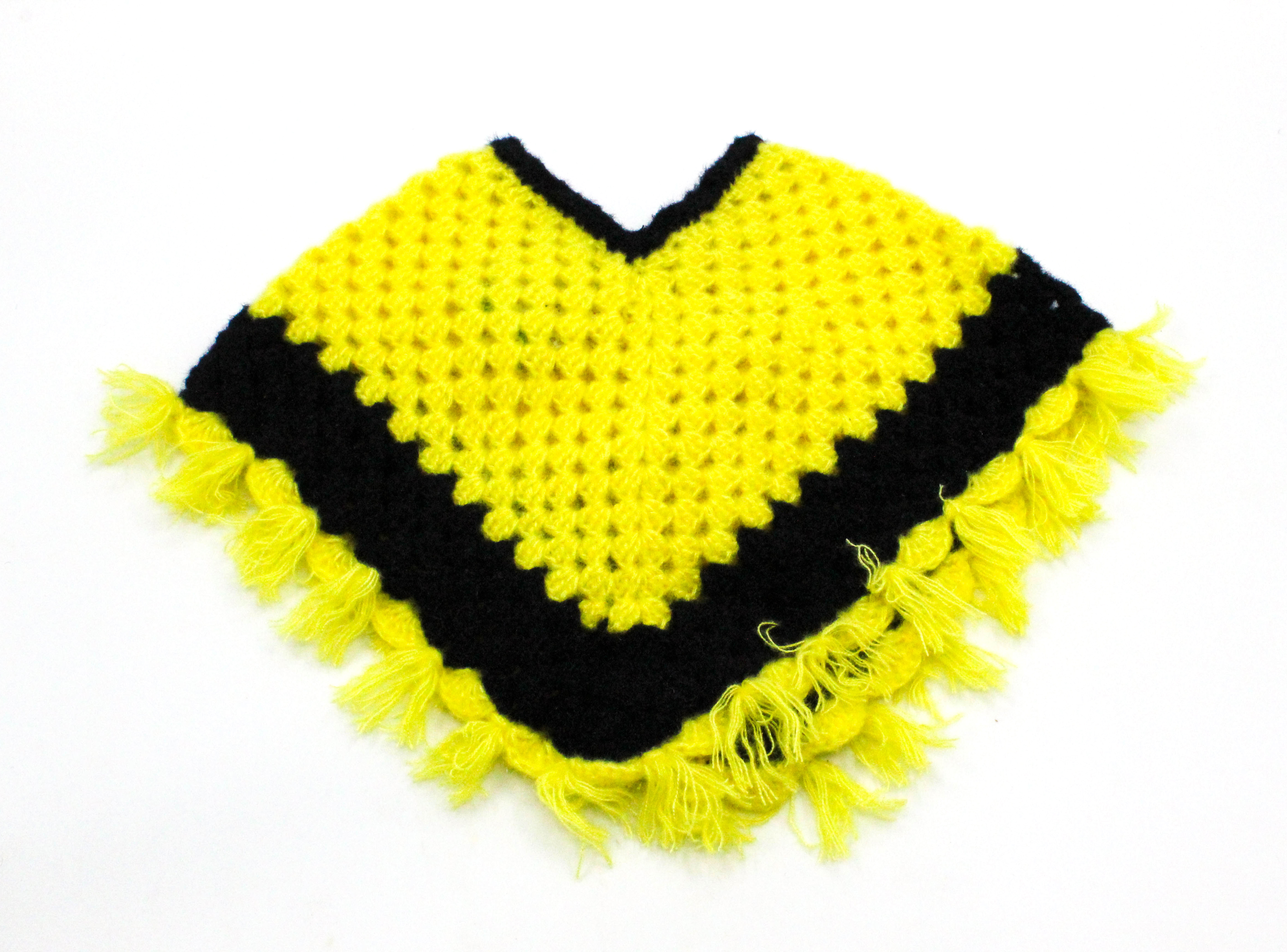 Handknitted Woolen Poncho and Cap Set for Kids, Yellow and Black, Fringed Design (6 Months - 1 Year) Handknitted Woolen Poncho and Cap Set for Kids, Yellow and Black, Fringed Design (6 Months - 1 Year)