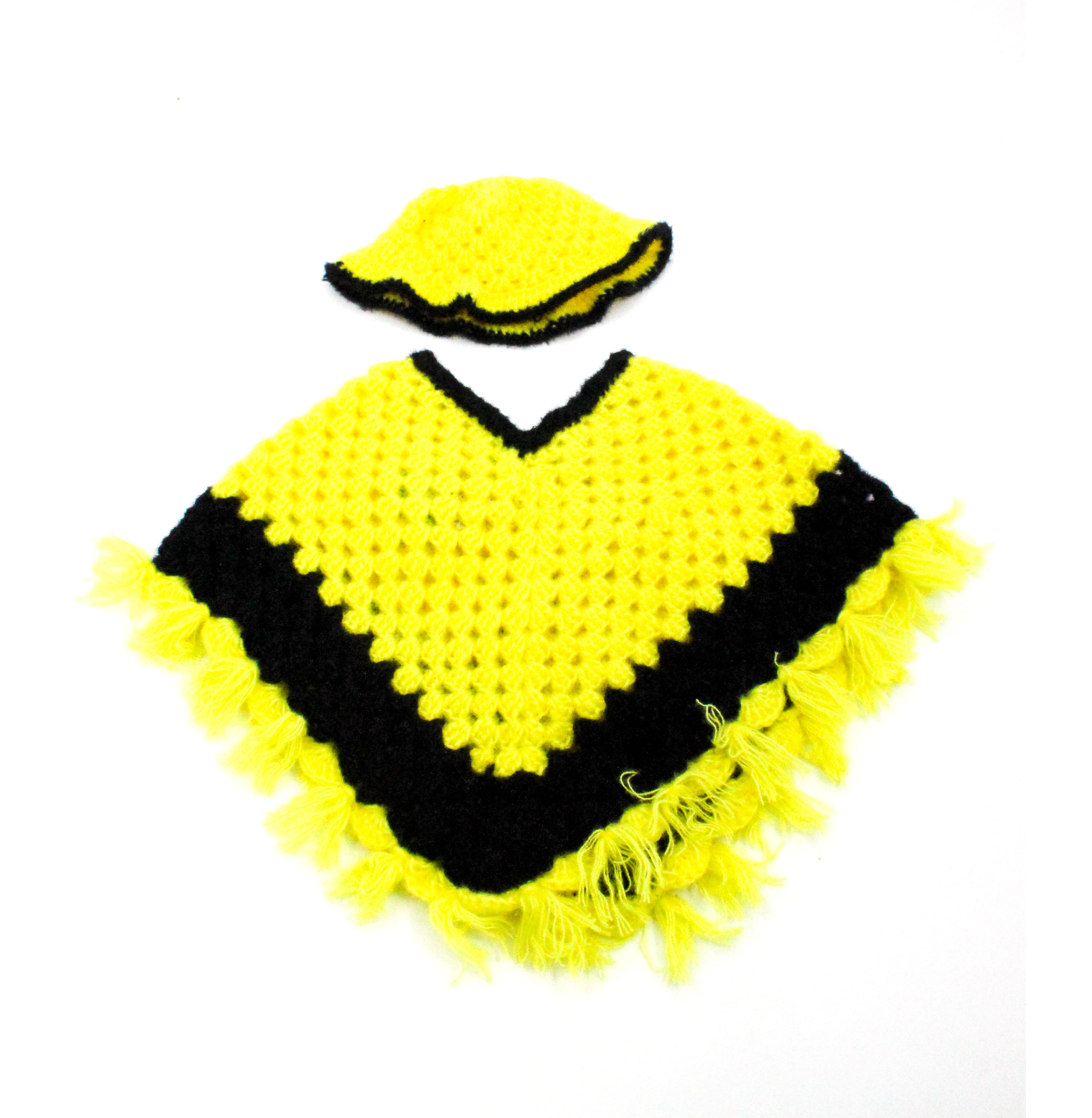 Handknitted Woolen Poncho and Cap Set for Kids, Yellow and Black, Fringed Design (6 Months - 1 Year) Handknitted Woolen Poncho and Cap Set for Kids, Yellow and Black, Fringed Design (6 Months - 1 Year)
