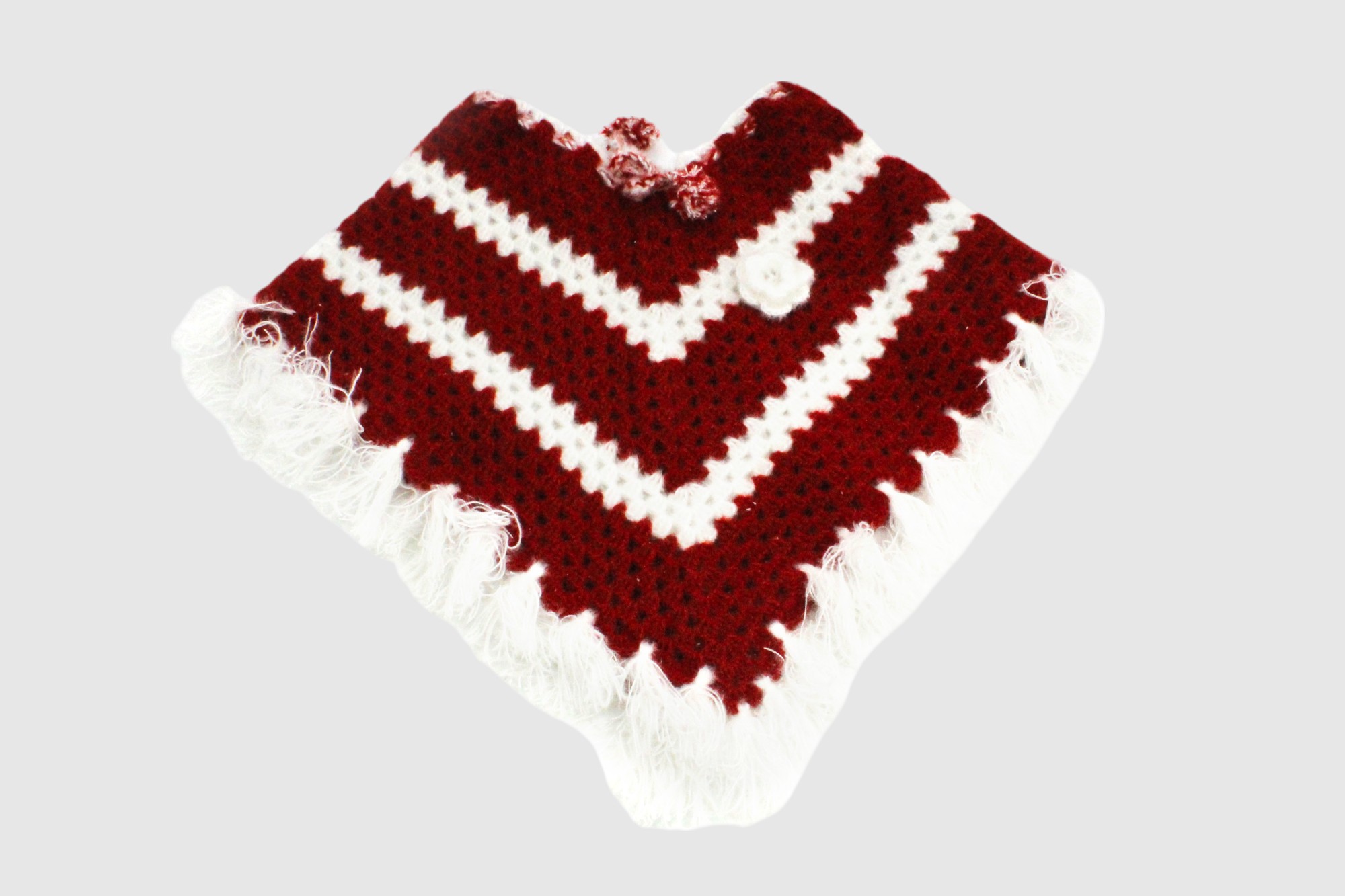 Handknitted Woolen Poncho and Cap Set for Kids, Red and White (6 Months - 1 Year)