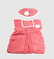 Handknitted Baby Sweater Set with Cap, Pink, 6-12 Months