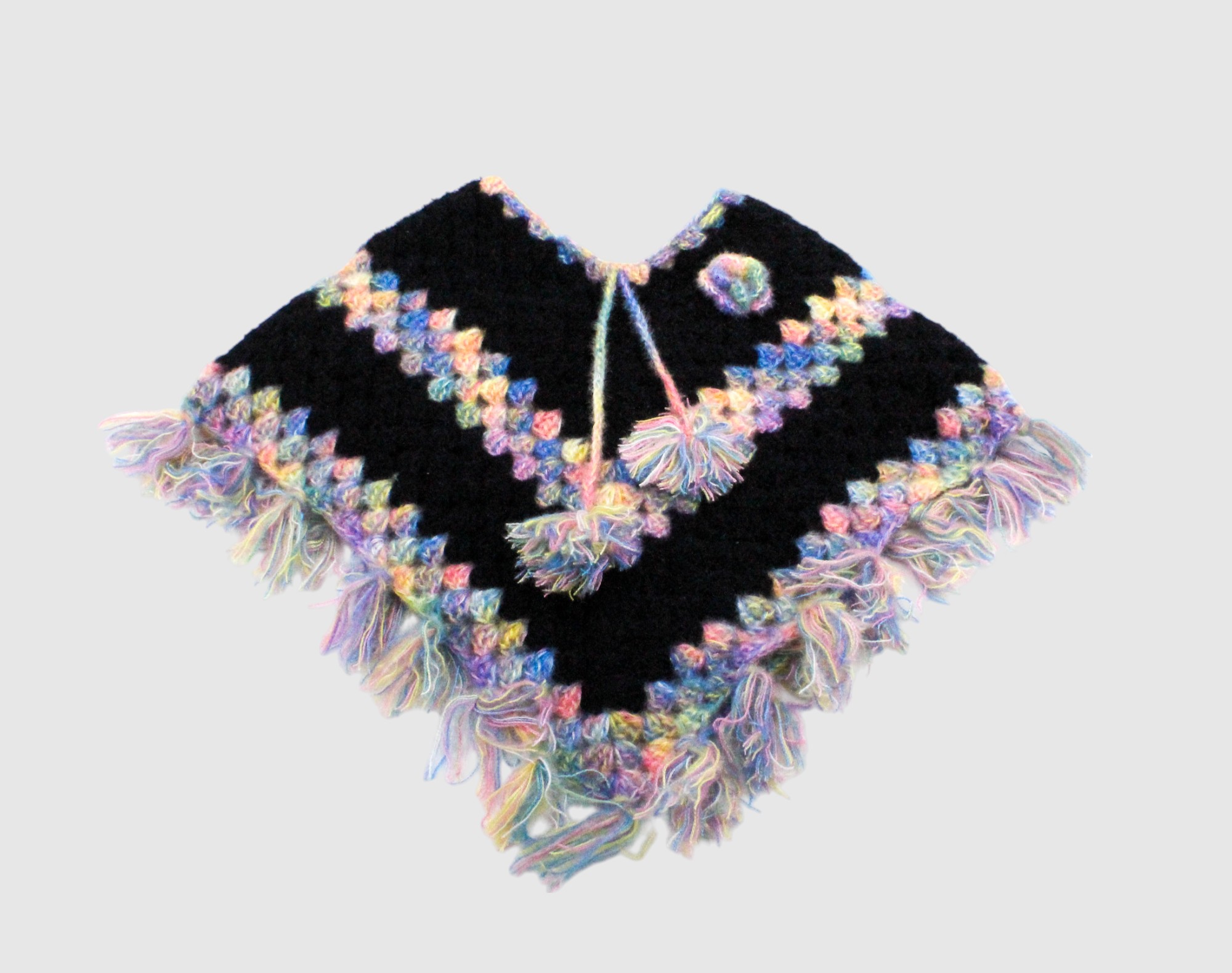 Handknitted Kids Woolen Poncho and Cap Set, Black with Rainbow Trim (6 months - 1 Year)