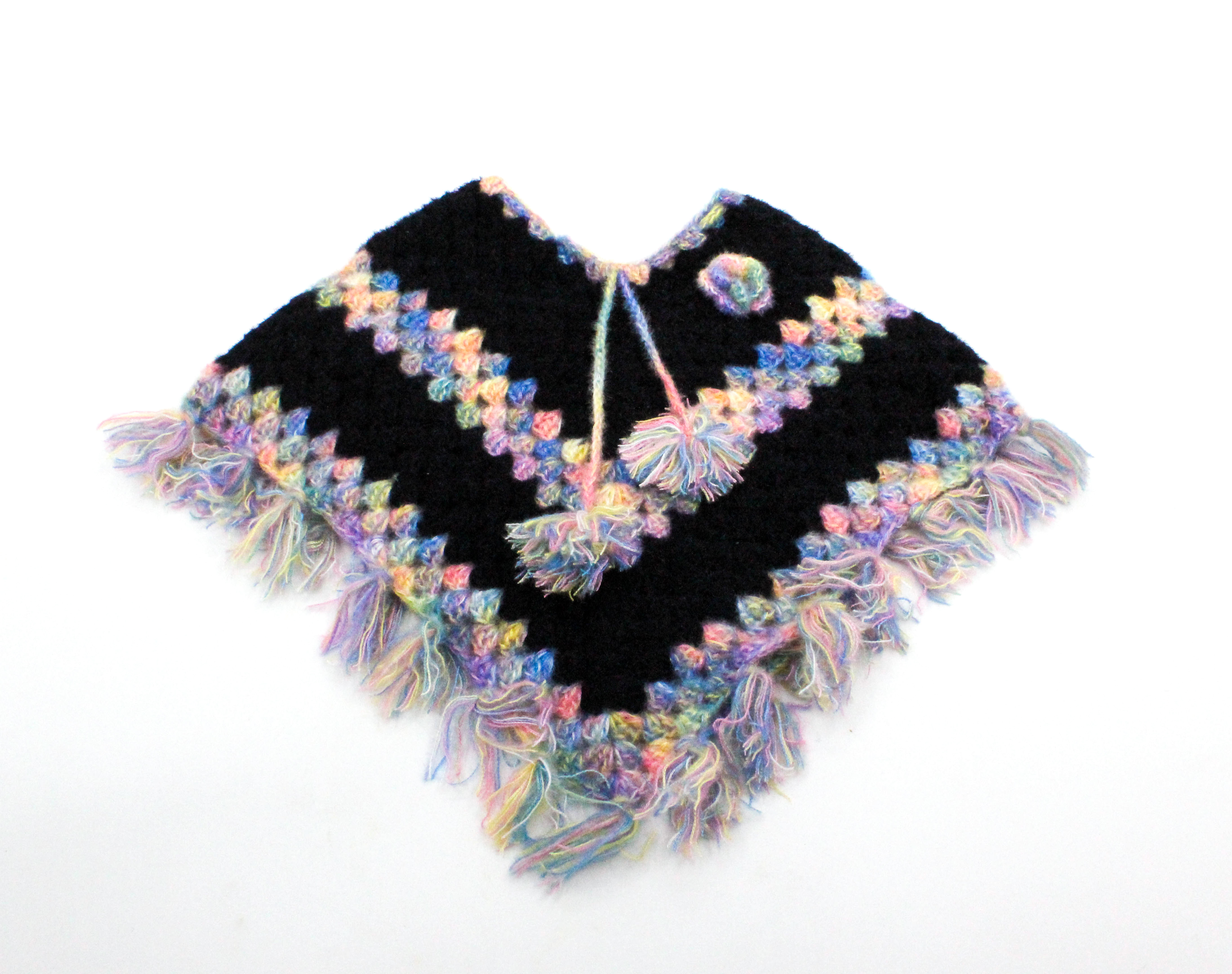 Handknitted Kids Woolen Poncho and Cap Set, Black with Rainbow Trim (6 months - 1 Year) Handknitted Kids Woolen Poncho and Cap Set, Black with Rainbow Trim (6 months - 1 Year)