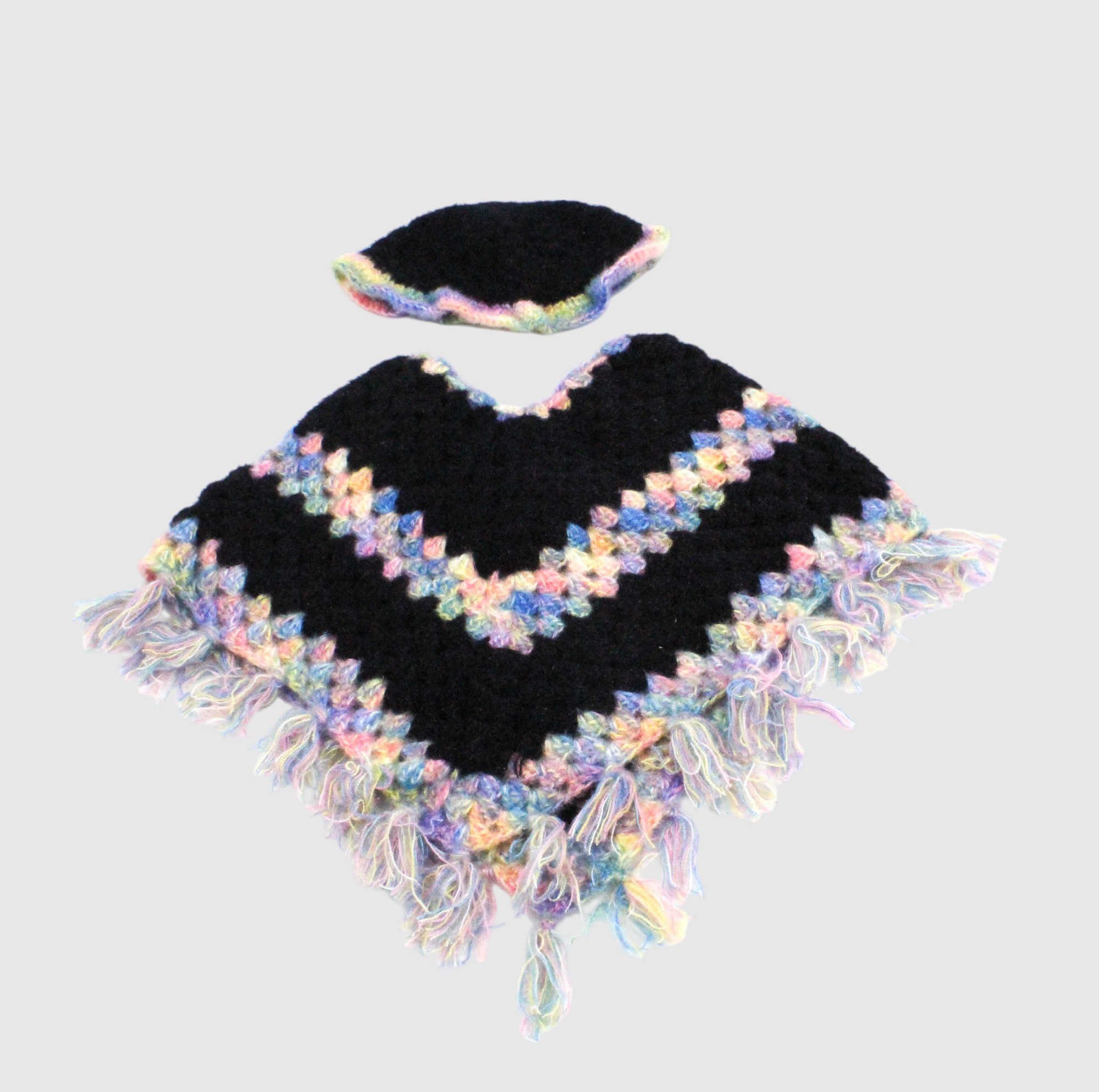 Handknitted Kids Woolen Poncho and Cap Set, Black with Rainbow Trim (6 months - 1 Year)