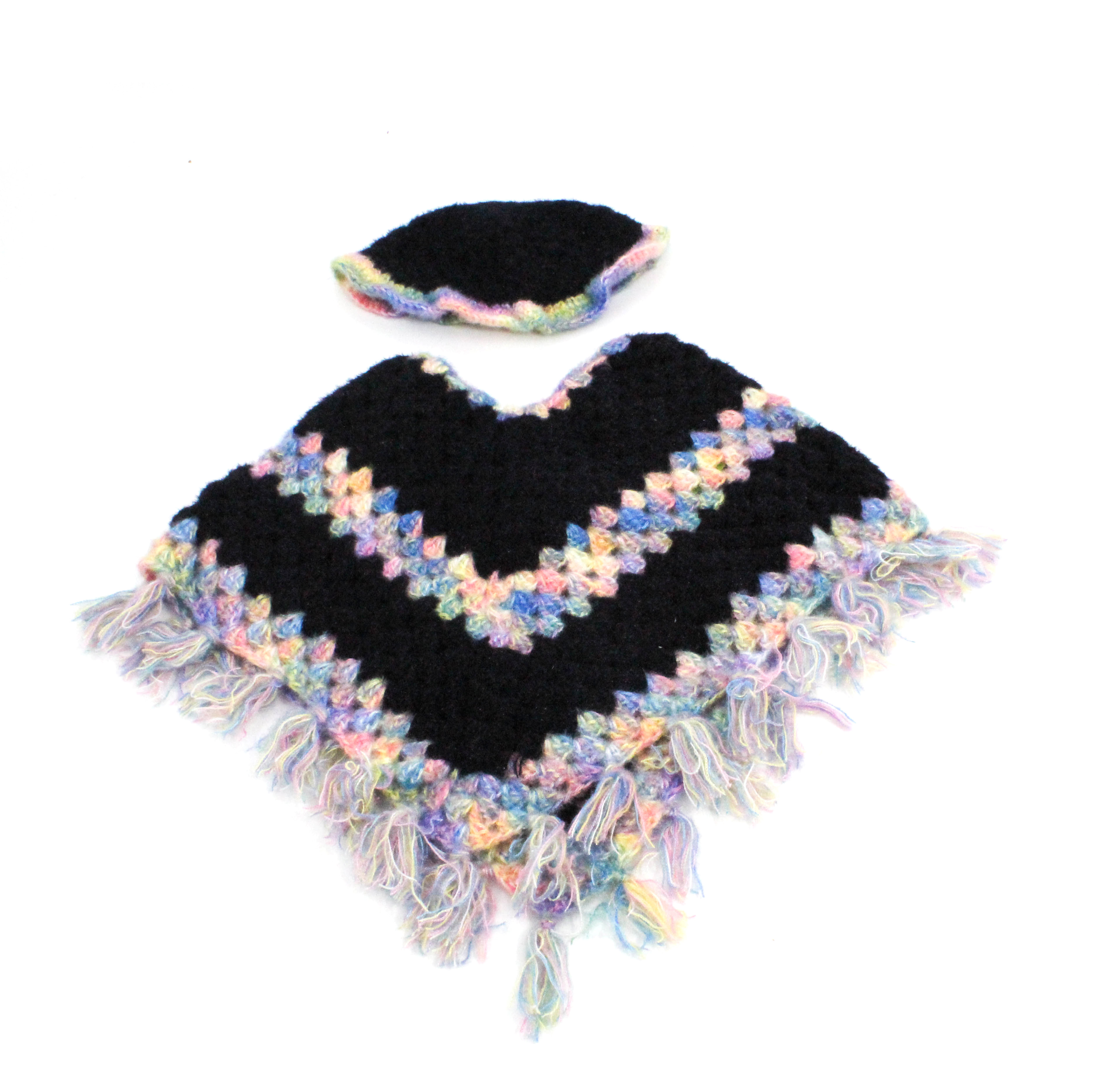 Handknitted Kids Woolen Poncho and Cap Set, Black with Rainbow Trim (6 months - 1 Year) Handknitted Kids Woolen Poncho and Cap Set, Black with Rainbow Trim (6 months - 1 Year)
