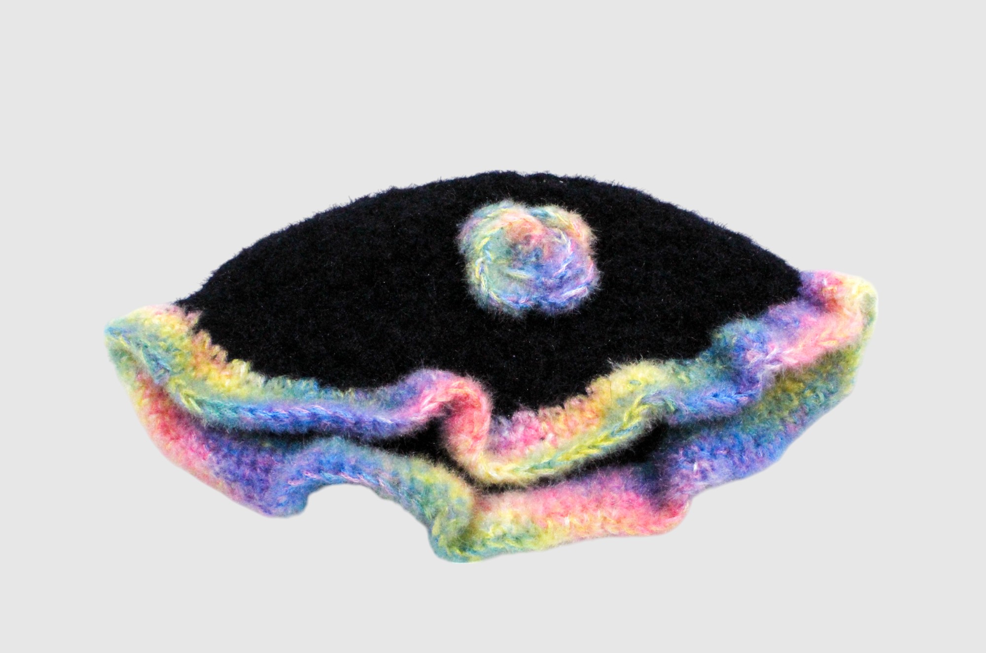Handknitted Kids Woolen Poncho and Cap Set, Black with Rainbow Trim (6 months - 1 Year)